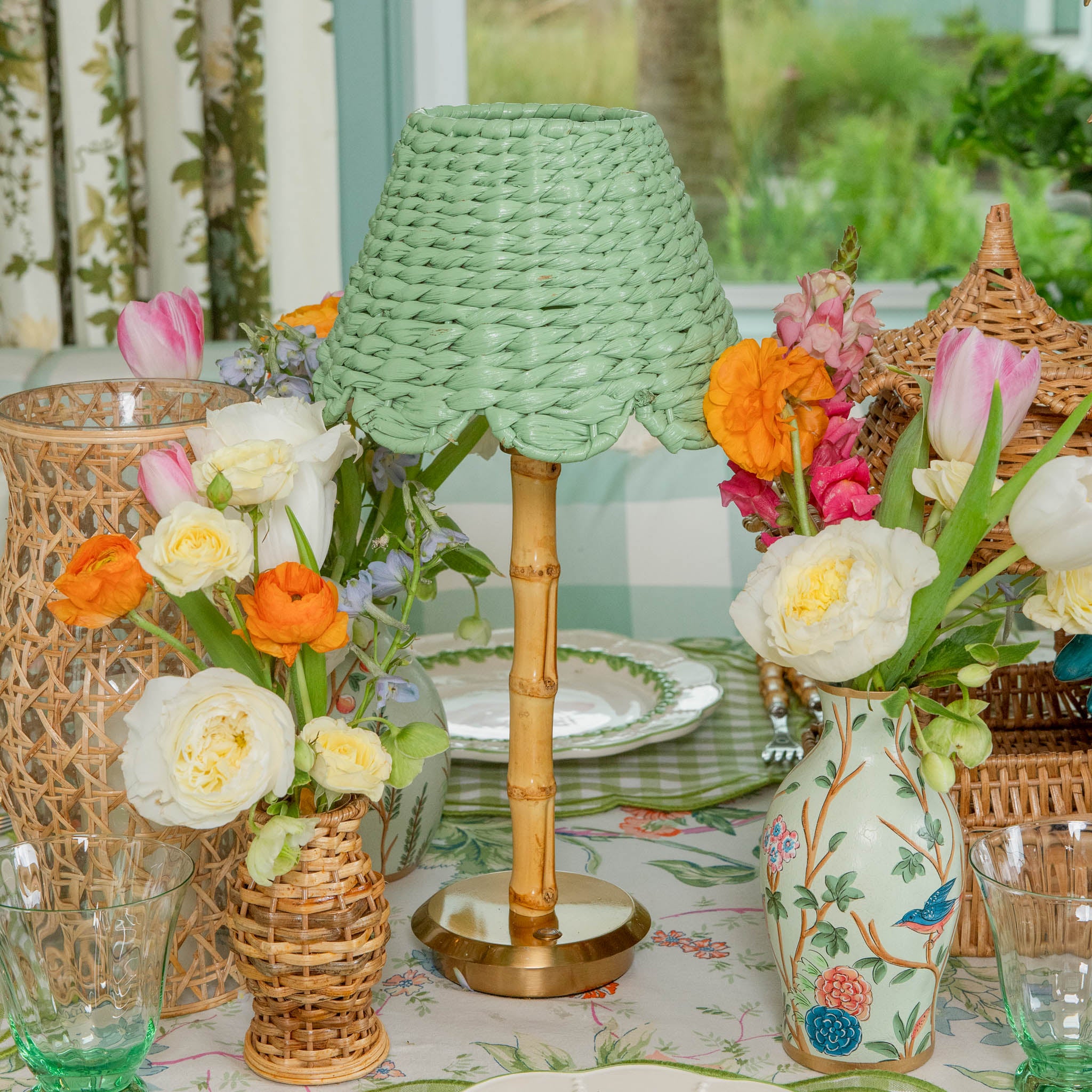 Bamboo Rechargeable Lamp with Green Seagrass Shade (20cm)