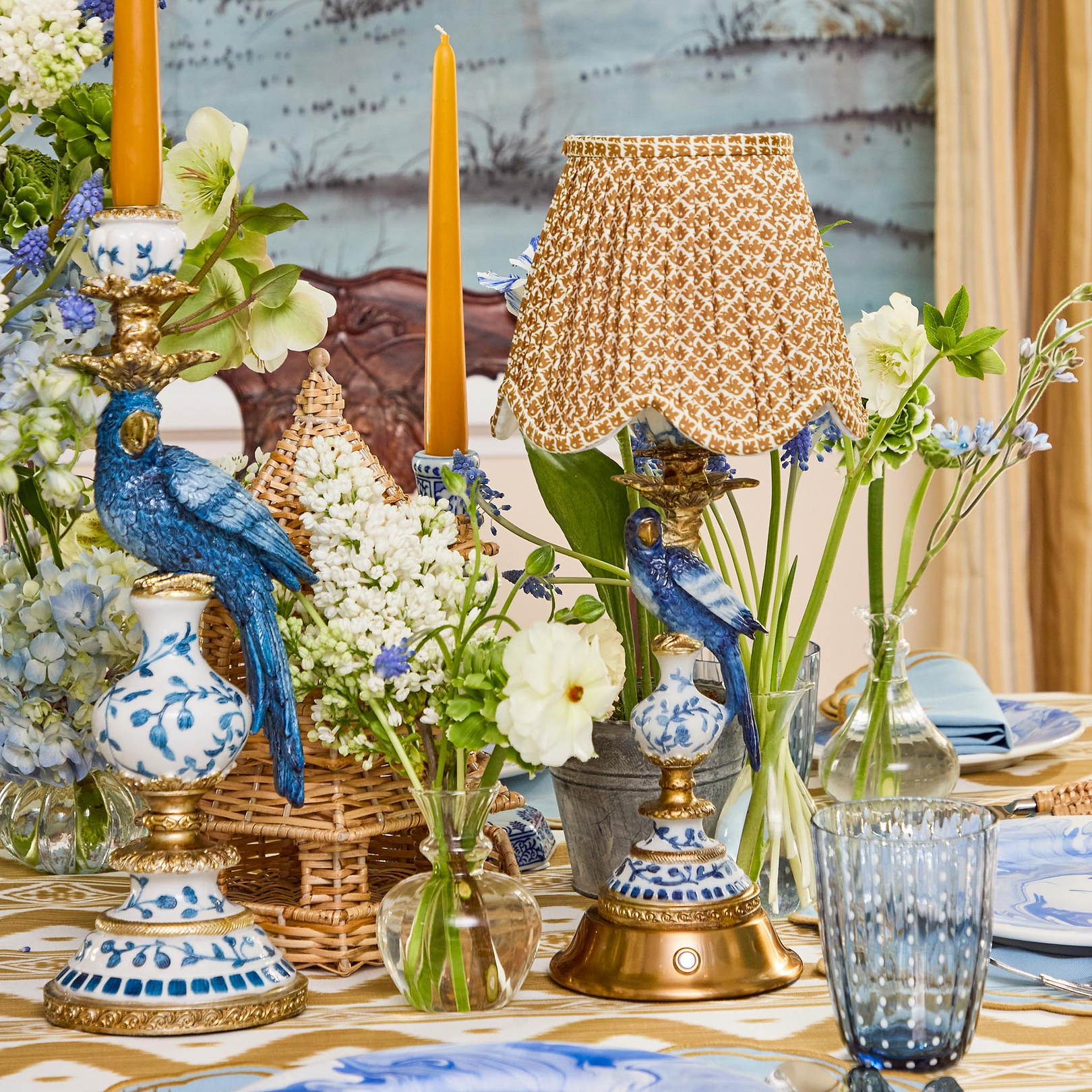 Blue Parrot Rechargeable Lamp & Caramel Lotus Scalloped Shade