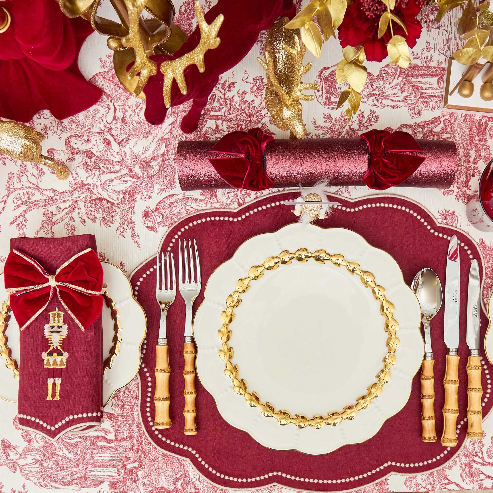 Burgundy Linen & Embroidered Nutcracker Placemats & Napkins (Set of 4)