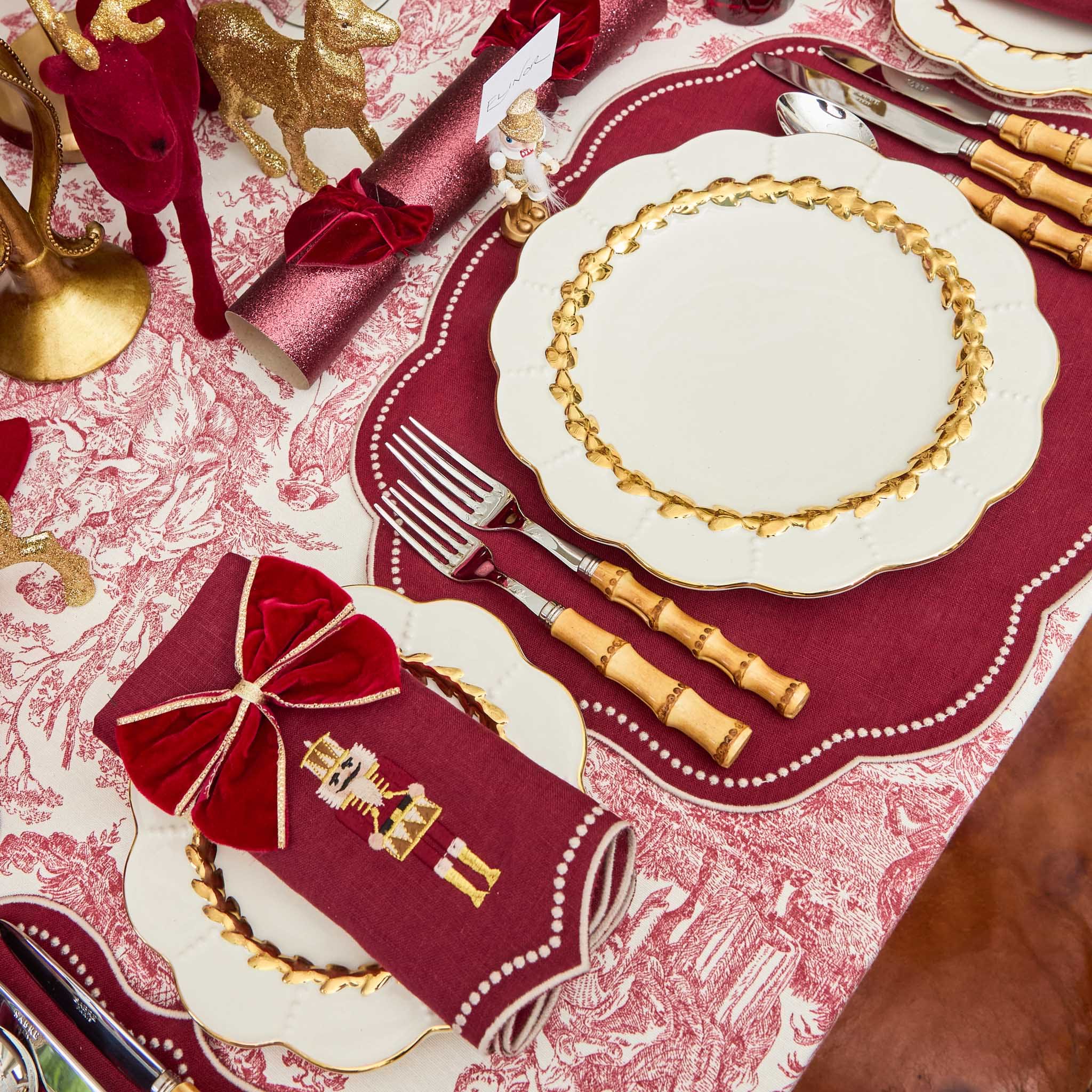 Burgundy Linen & Embroidered Nutcracker Placemats & Napkins (Set of 4)