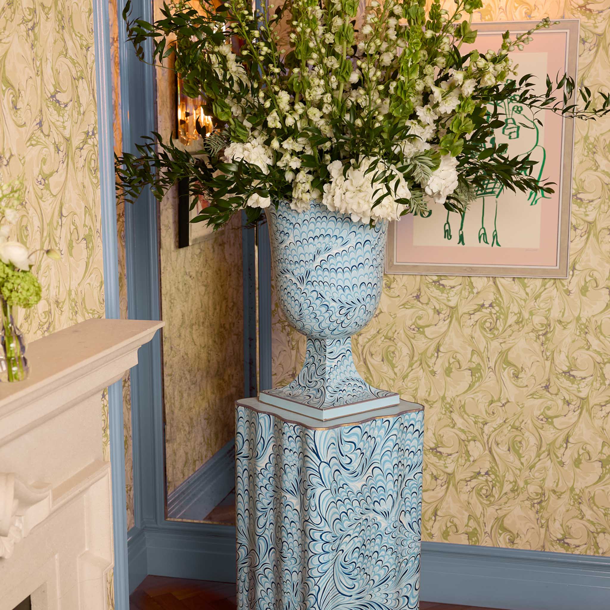 Mrs. Alice Blue Marble-Effect Urn on a classical pedestal plinth for luxury entryway decor