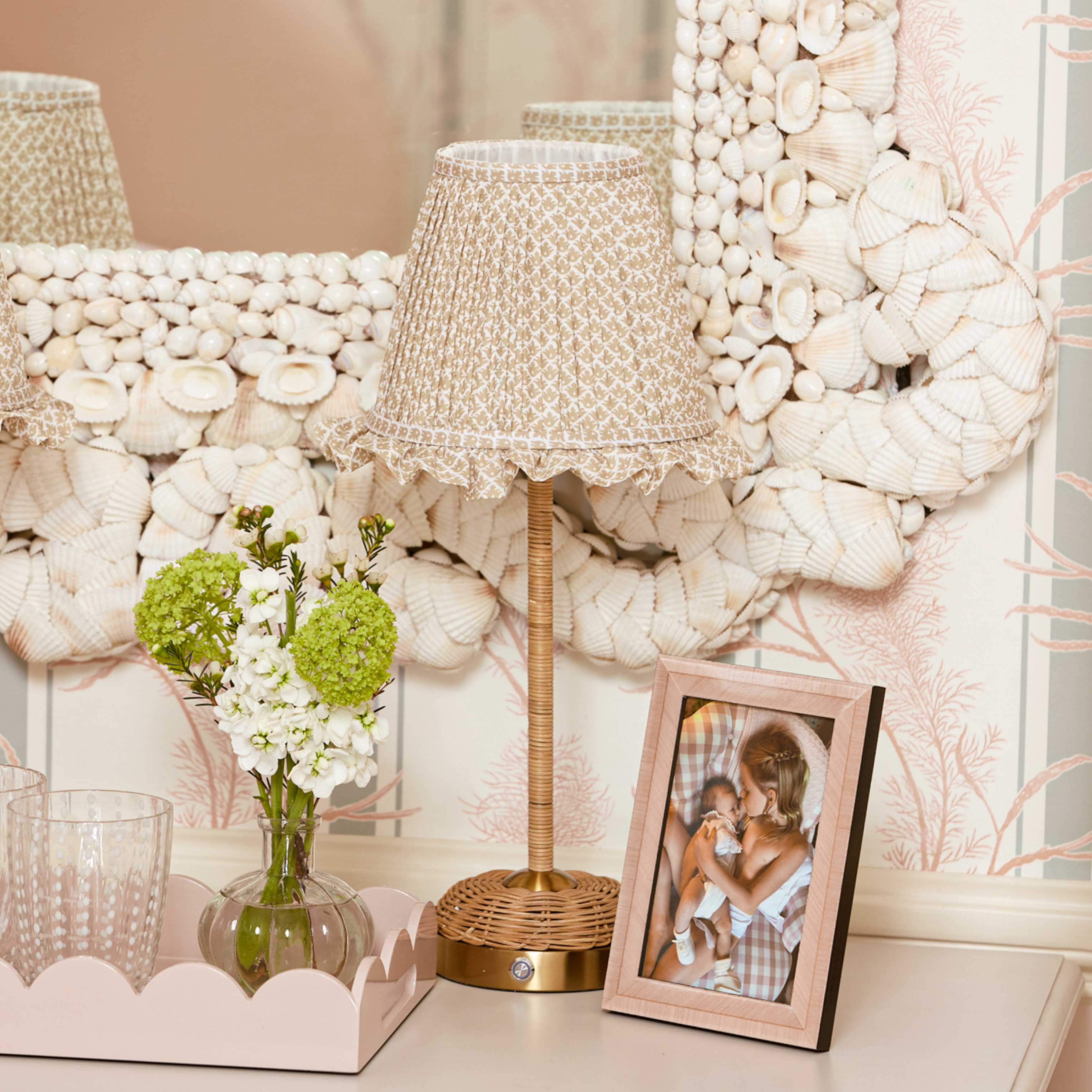 Rattan Ida Rechargeable Lamp with Putty Lotus Ruffle Shade