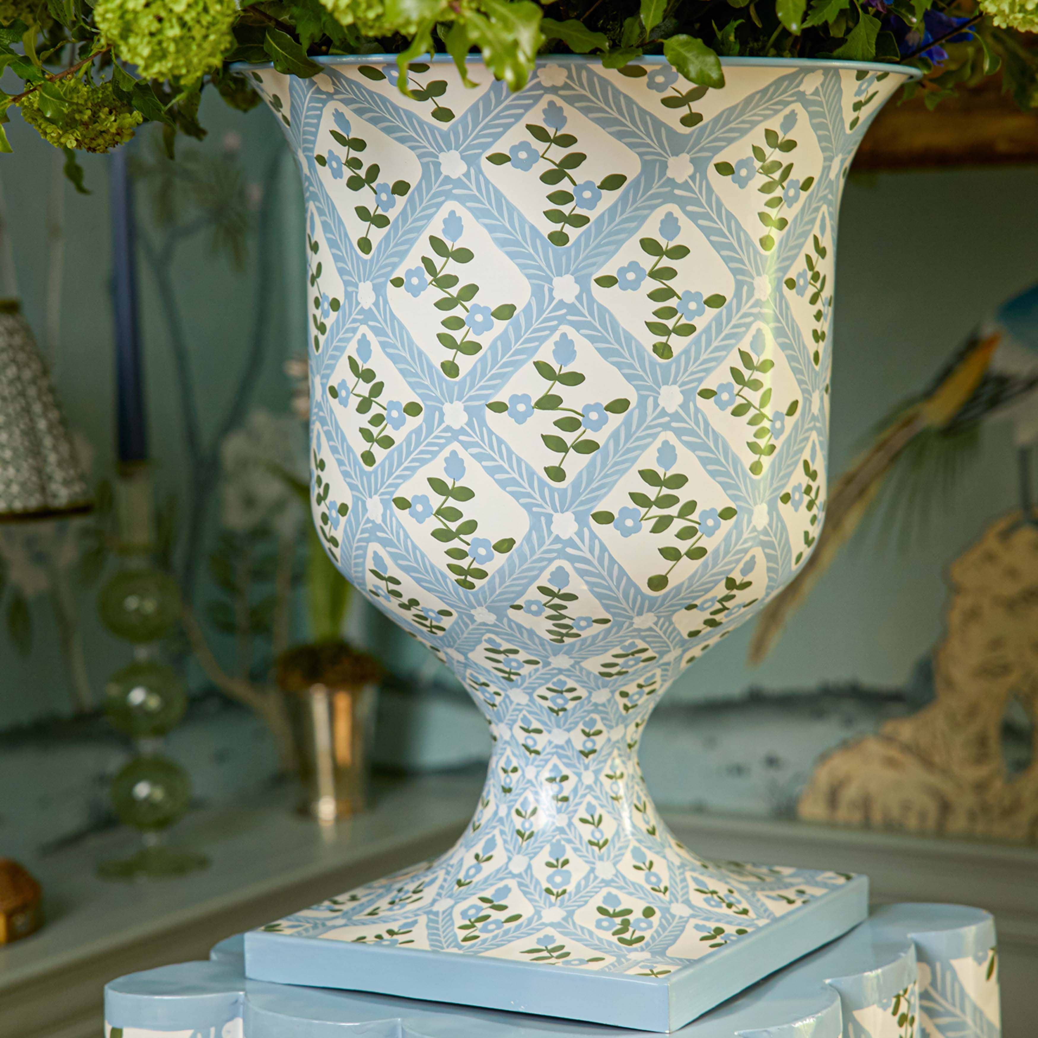 Blue Floral Trellis Urn & Pedestal
