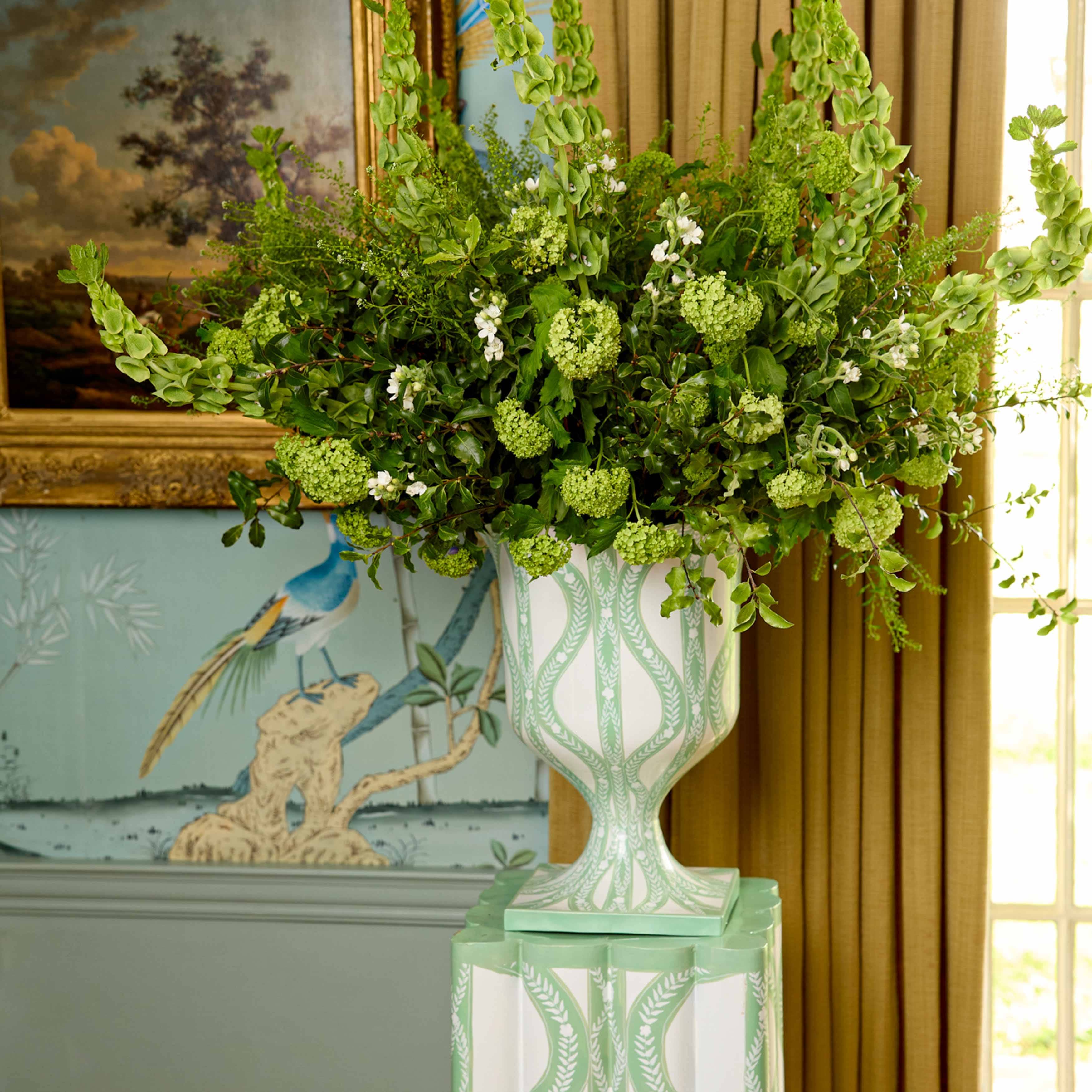 Green Floral Ikat Urn & Pedestal