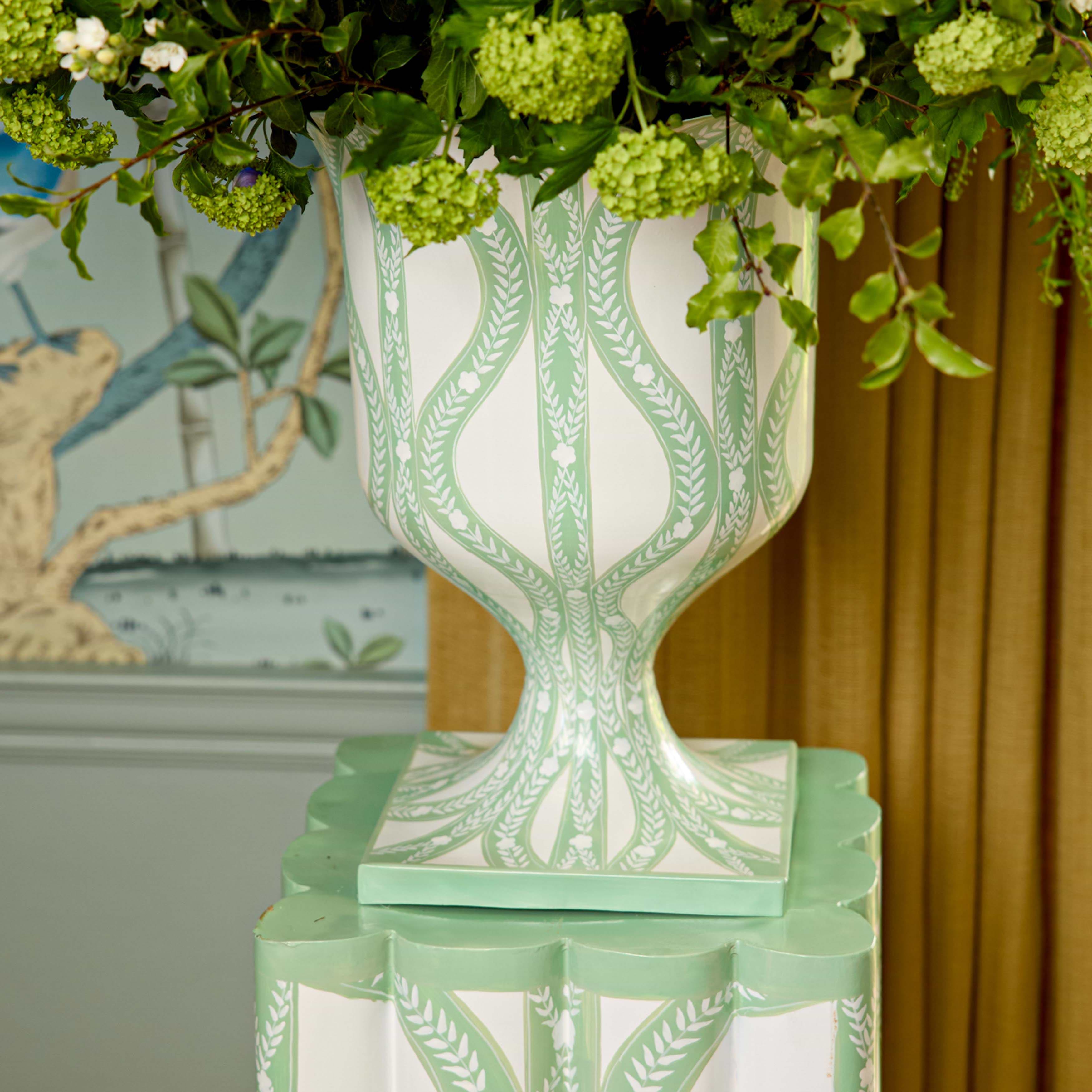 Green Floral Ikat Urn & Pedestal