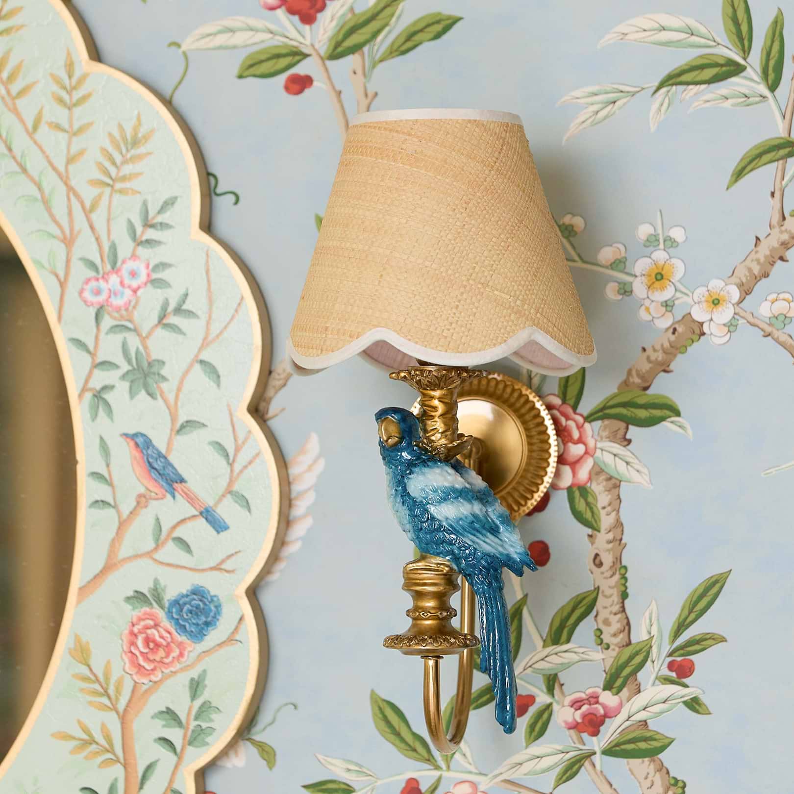 Blue Parrot Rechargeable Wall Light with Natural Woven Shade (18cm)
