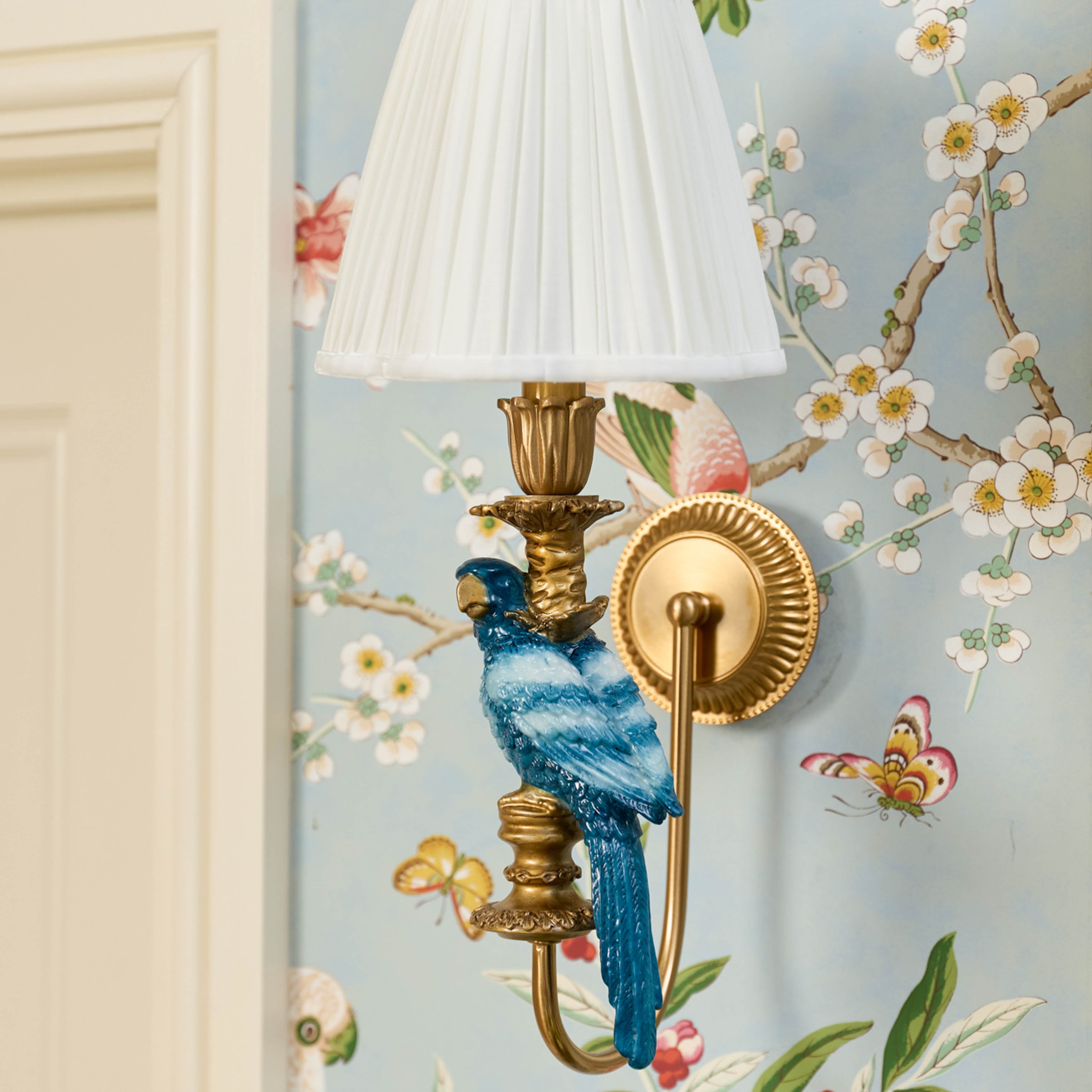 Blue Parrot Rechargeable Wall Light with Cream Pleated Shade (18cm)