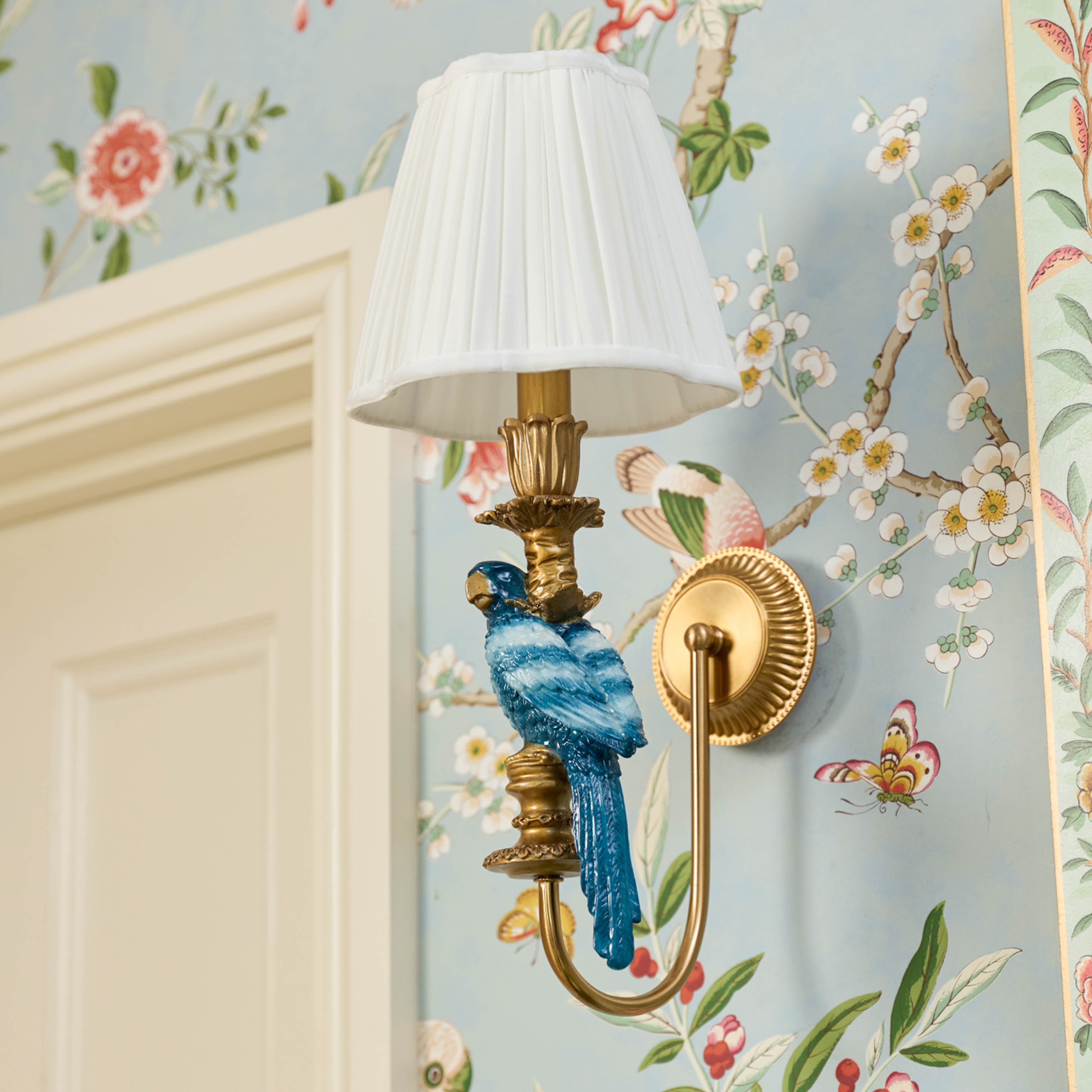 Blue Parrot Rechargeable Wall Light with Cream Pleated Shade (18cm)