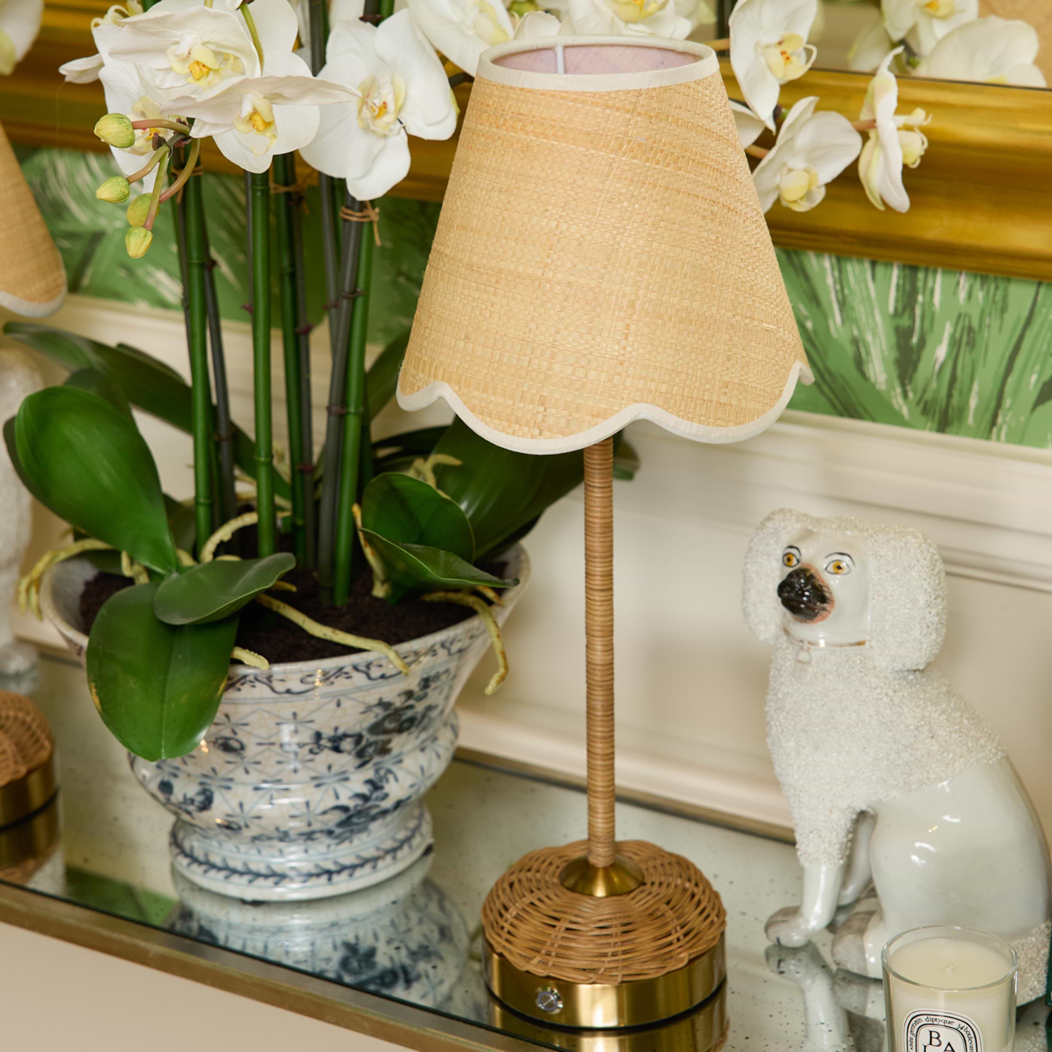 Decorative lamp with a beige shade on a reflective surface with a plant and ceramic dog figurine in the background.