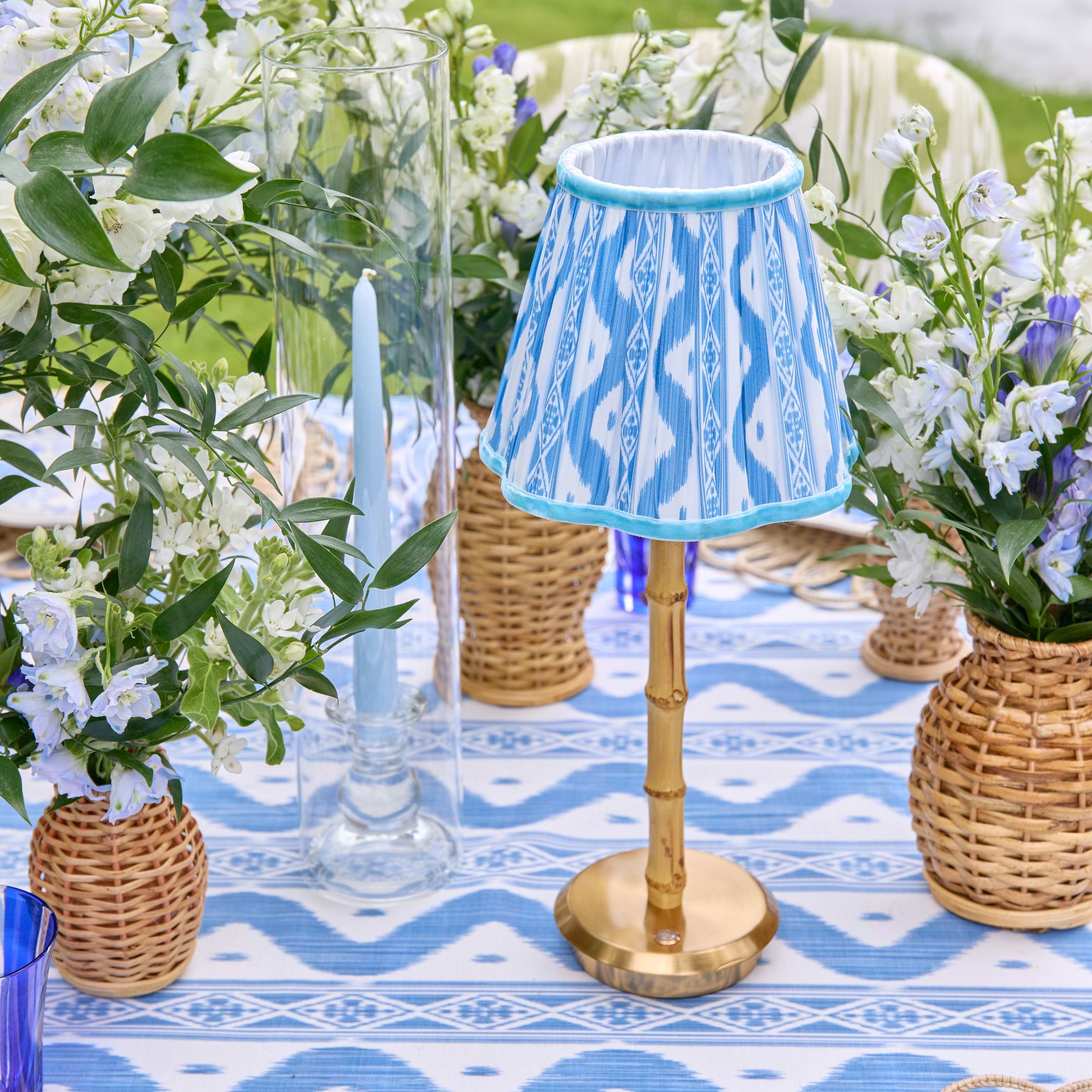 Bamboo Rechargeable Lamp with Blue Ikat Shade (18cm)