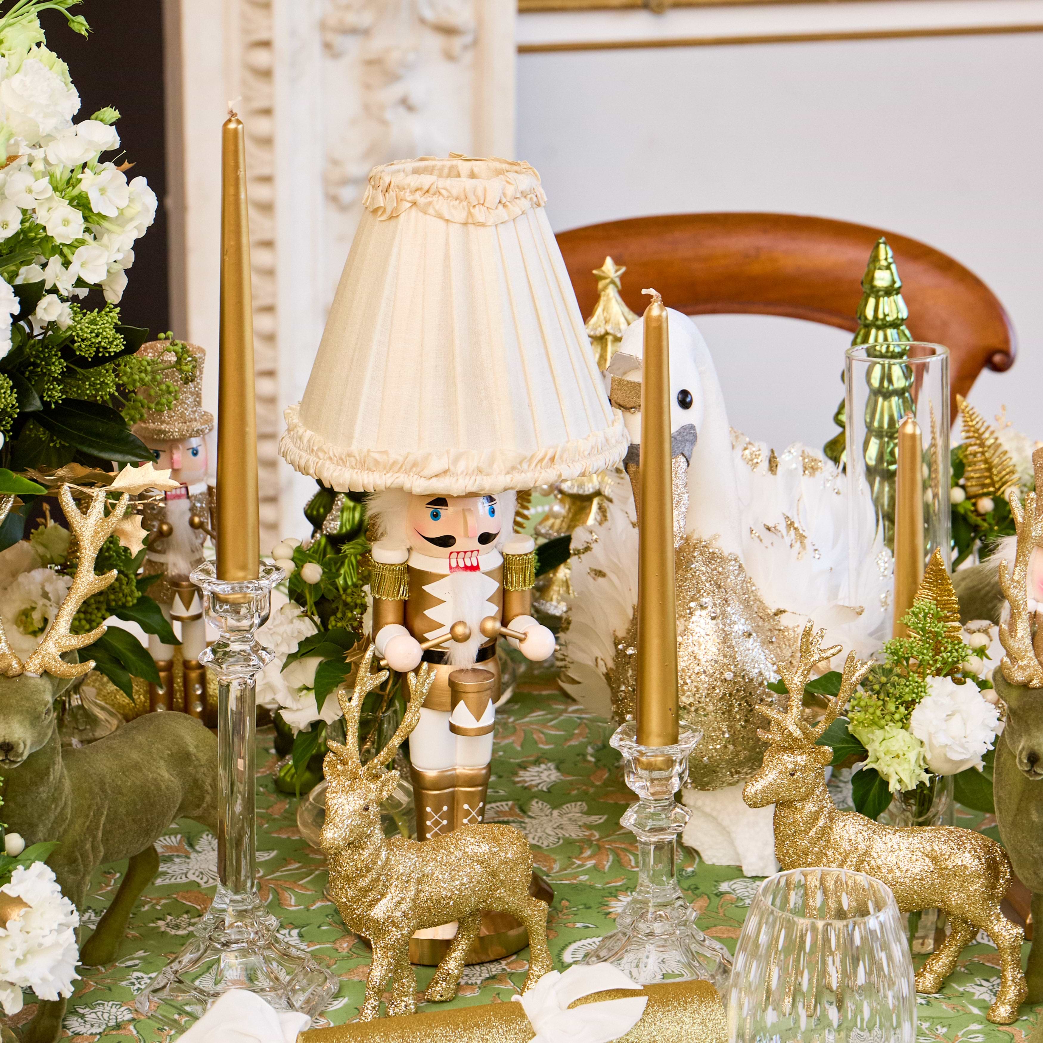 Gold Nutcracker Rechargeable Lamp with Cream Velvet Bow Shade (18cm)