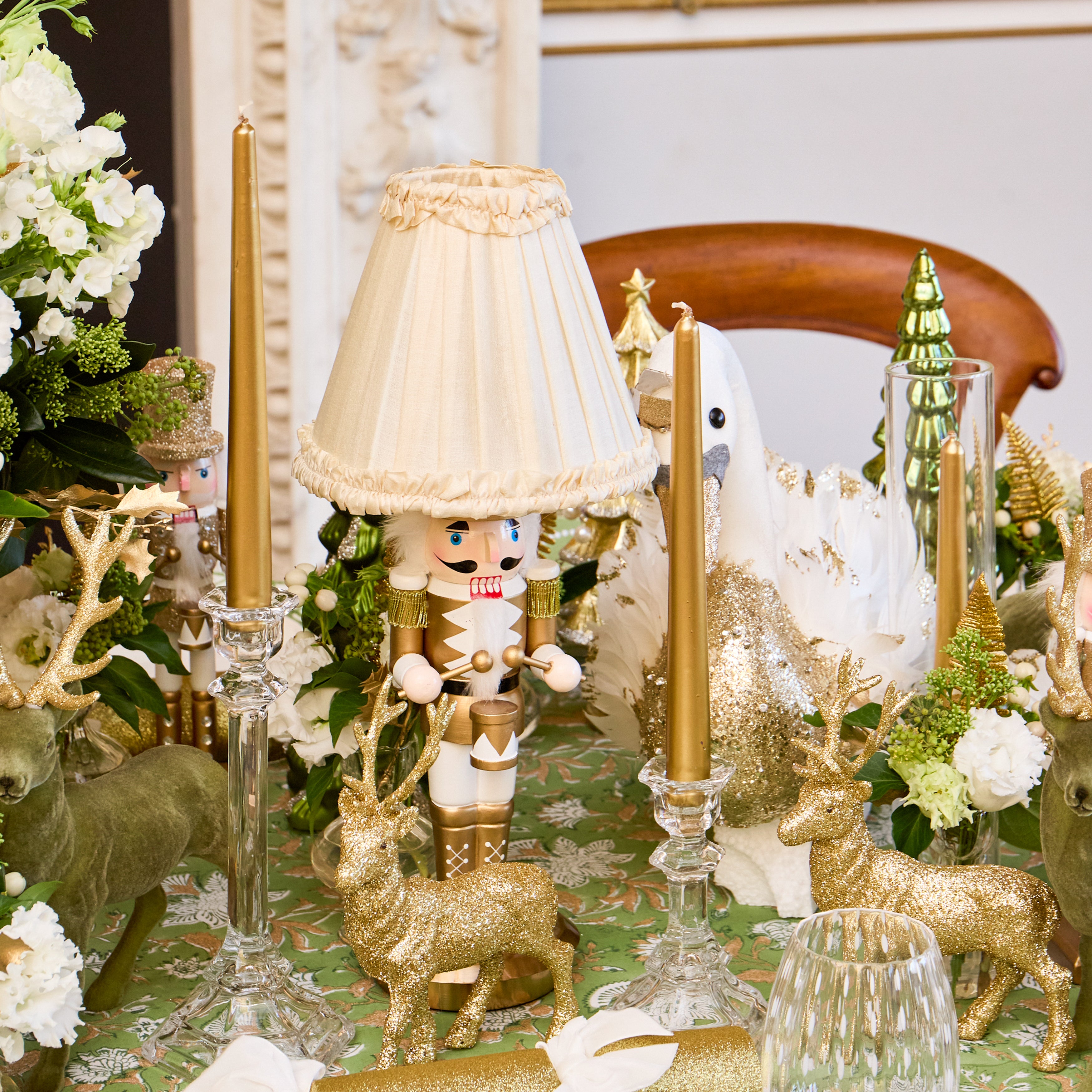Gold Nutcracker Rechargeable Lamp with Cream Velvet Bow Shade (18cm)