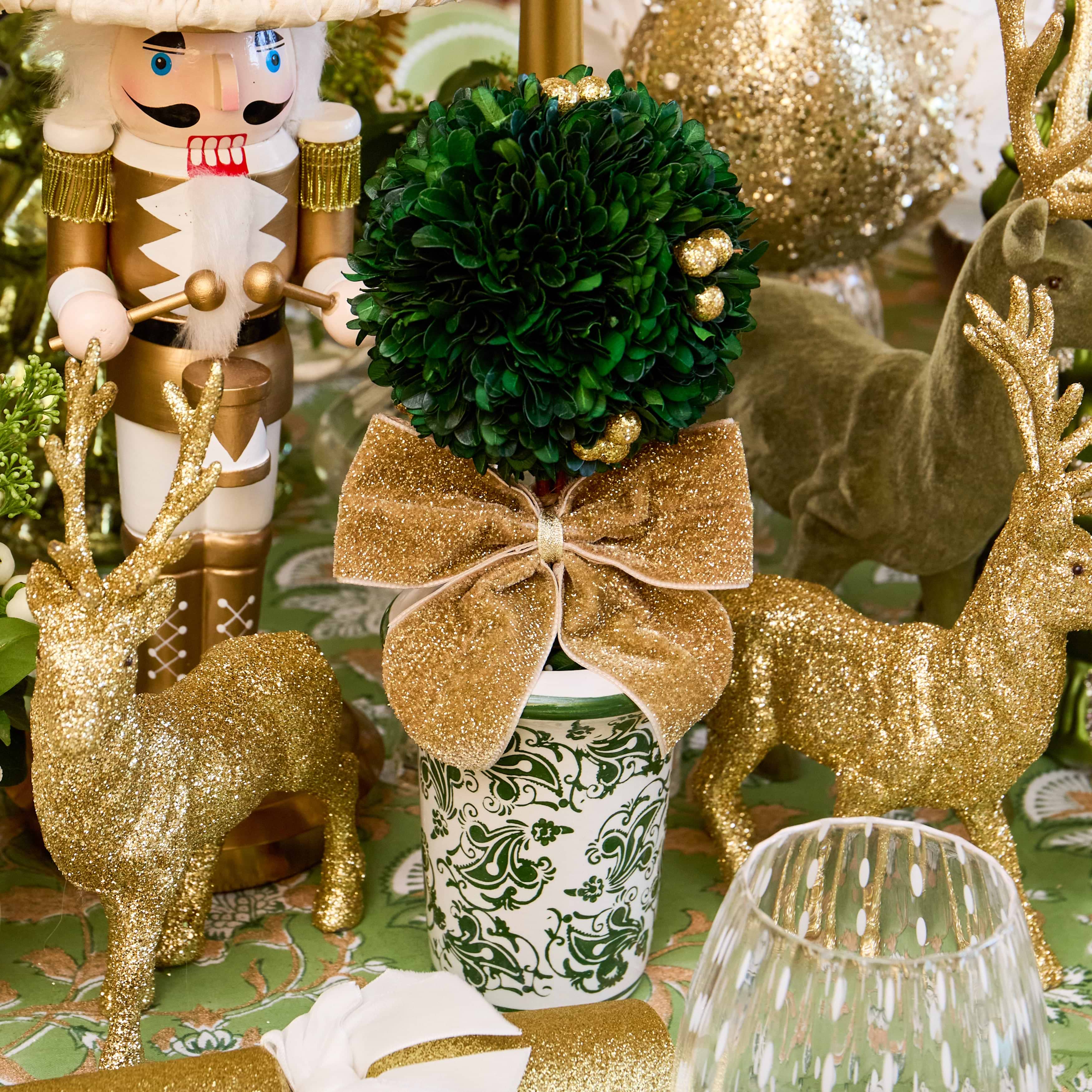 Gold Ribboned Chinoiserie Potted Boxwood Balls with Gold Berries (Pair)
