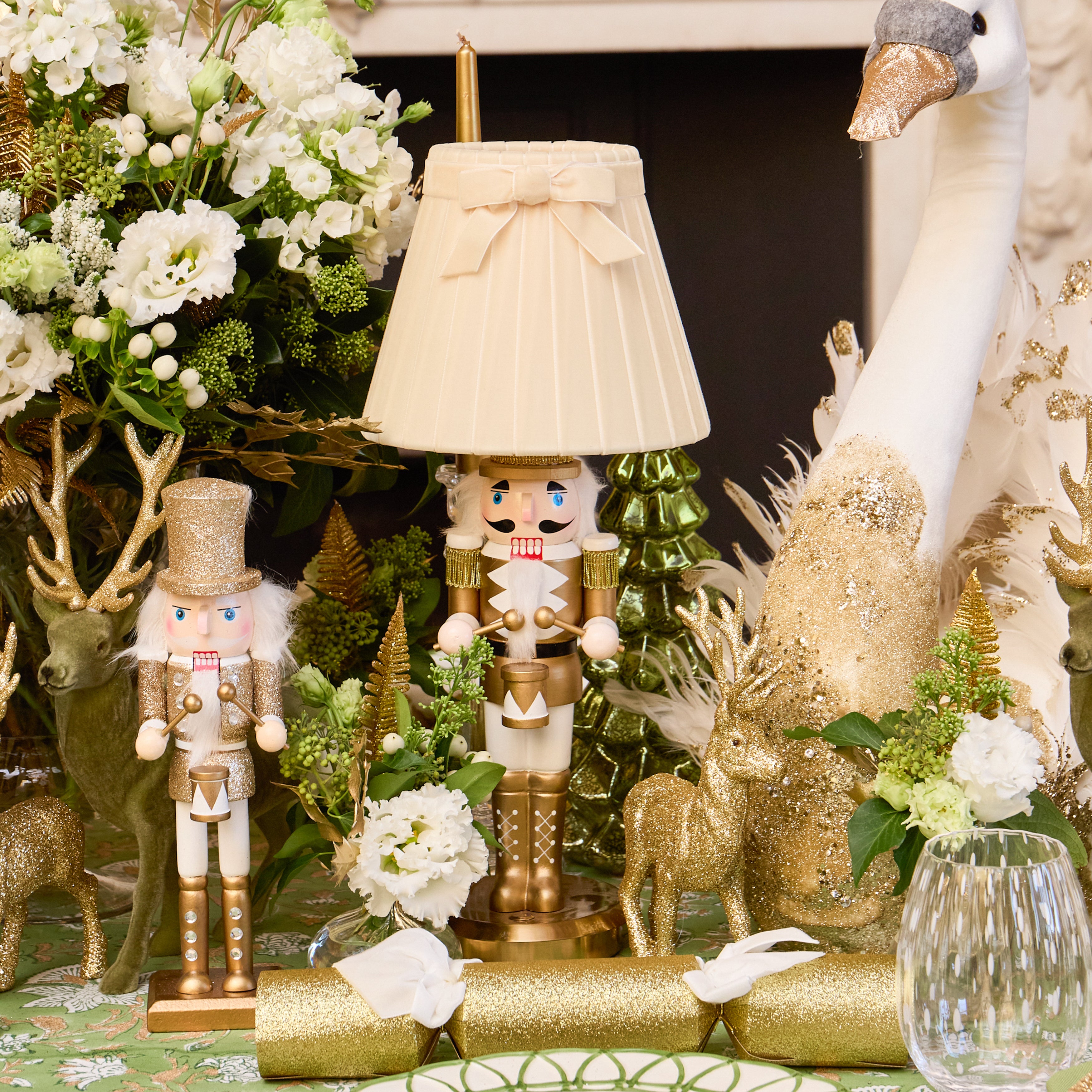 Gold Nutcracker Rechargeable Lamp with Cream Velvet Bow Shade (18cm)
