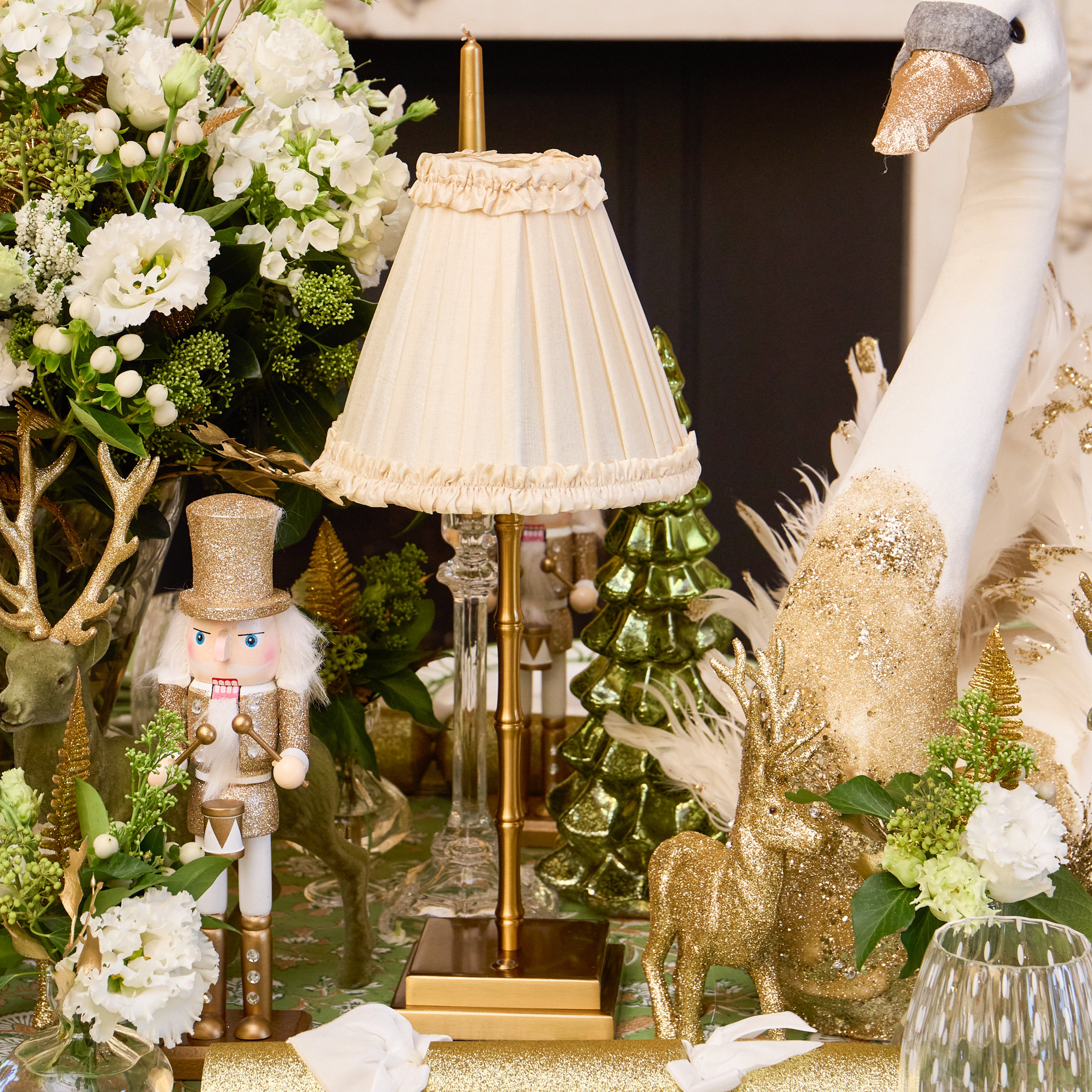 Lucille Metal Bamboo Rechargeable Lamp with Cream Frilled Silk Shade (18cm)
