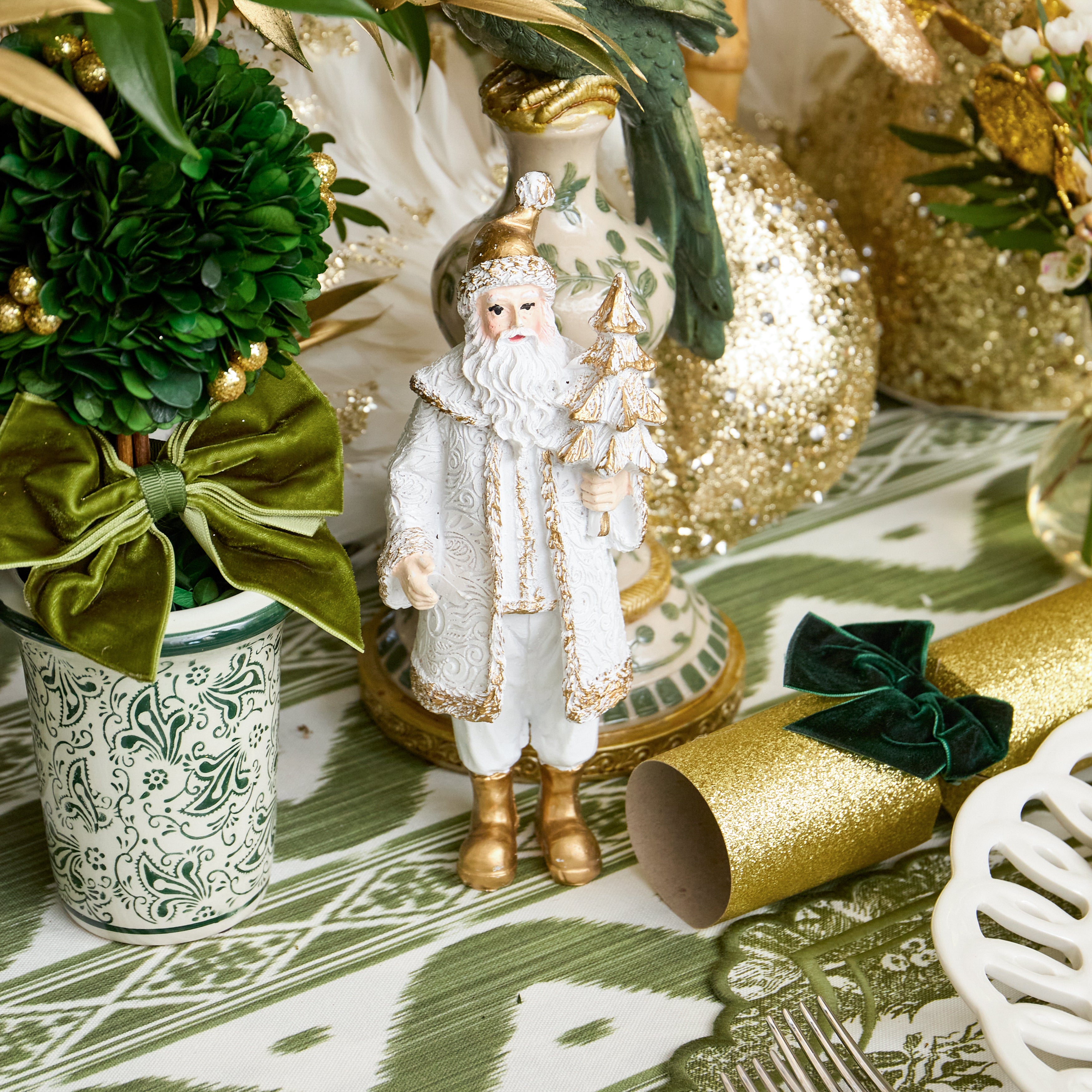 Gold & White Father Christmas with Bear (Pair)