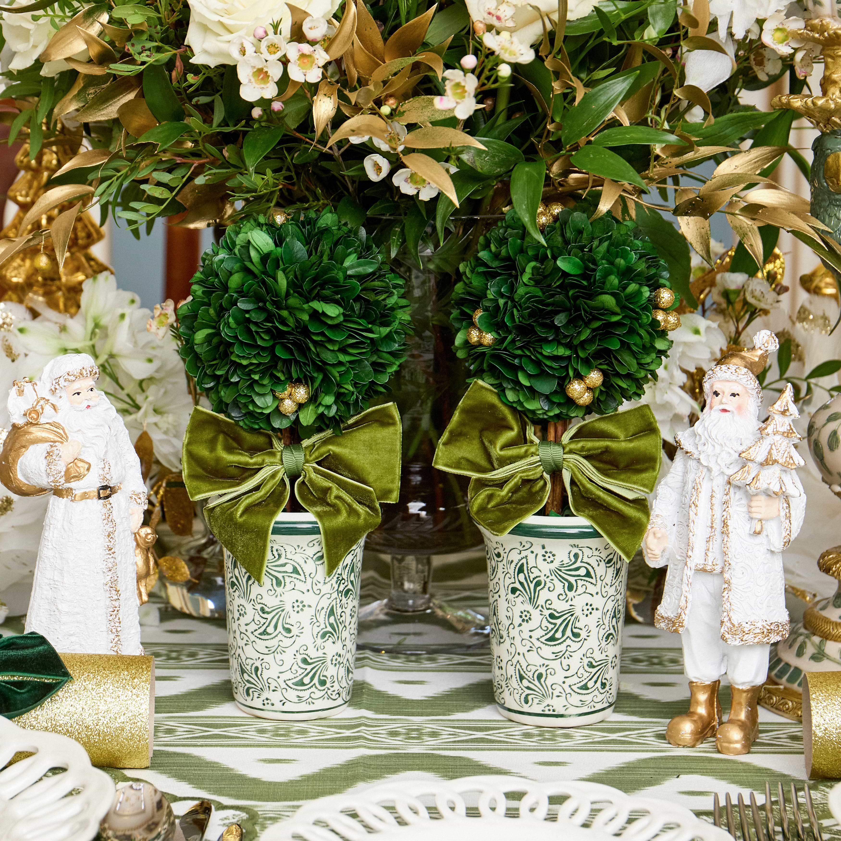 Green Ribboned Chinoiserie Potted Boxwood Balls with Gold Berries (Pair)