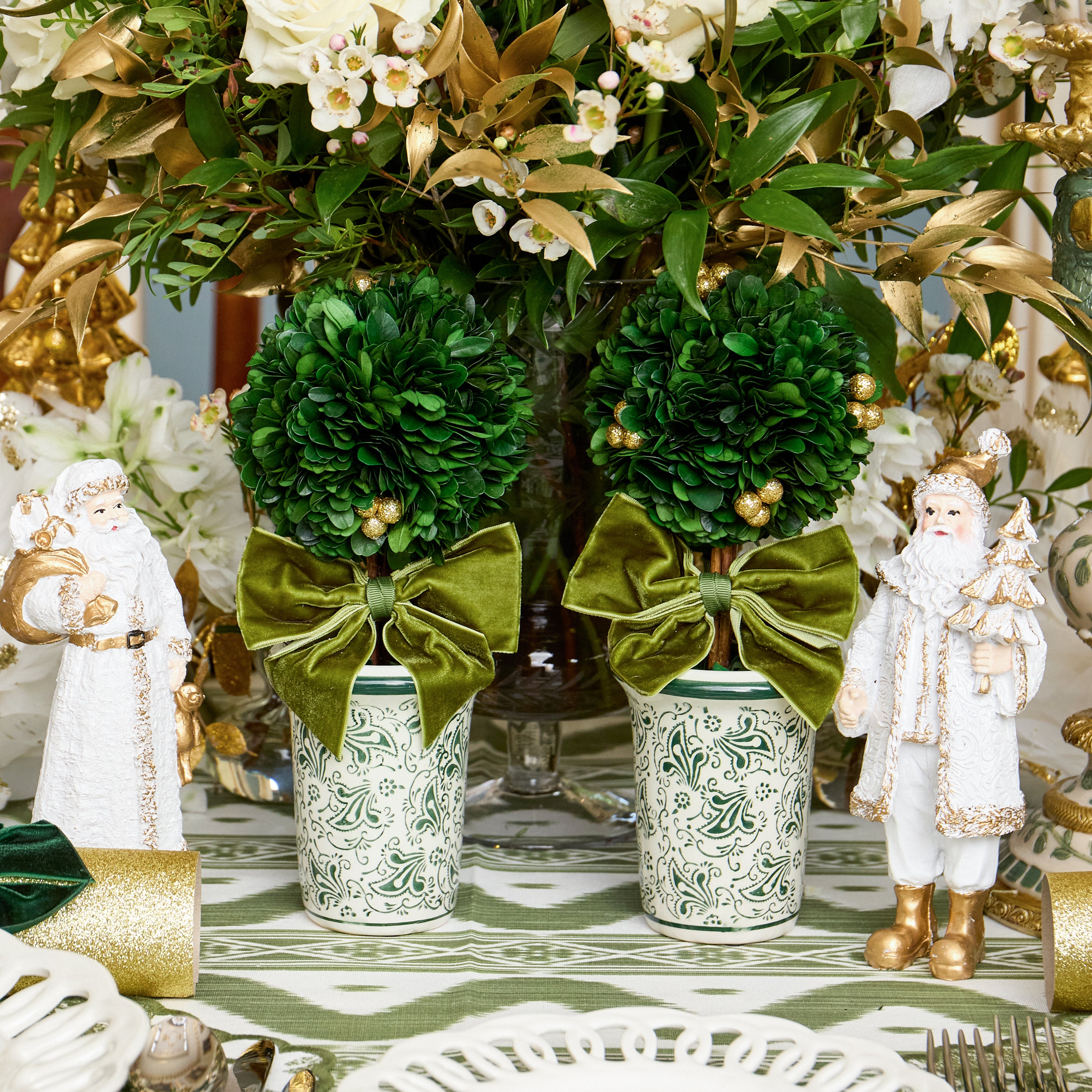 Green Ribboned Chinoiserie Potted Boxwood Balls with Gold Berries (Pair)