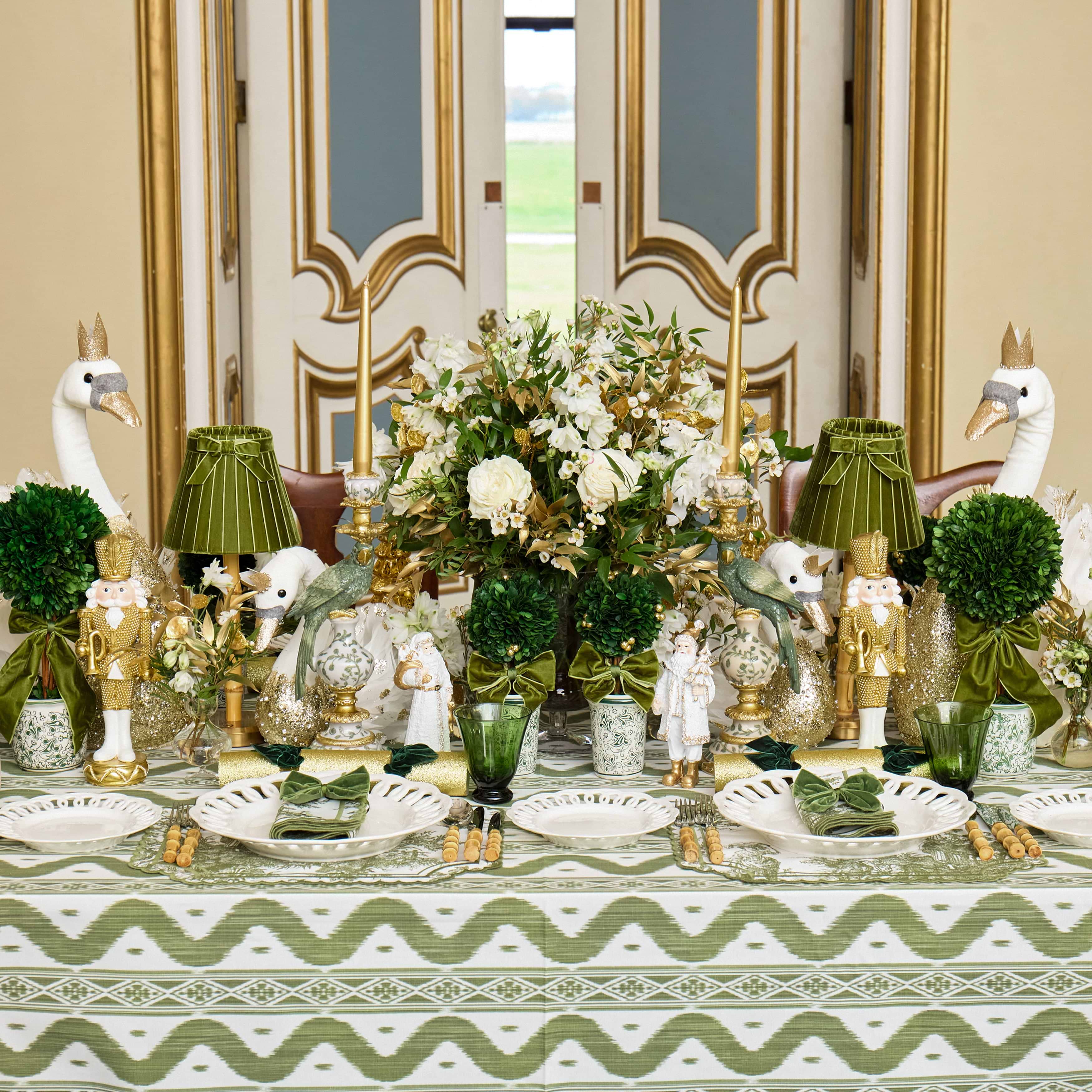 Green Ribboned Chinoiserie Potted Boxwood Balls with Gold Berries (Pair)