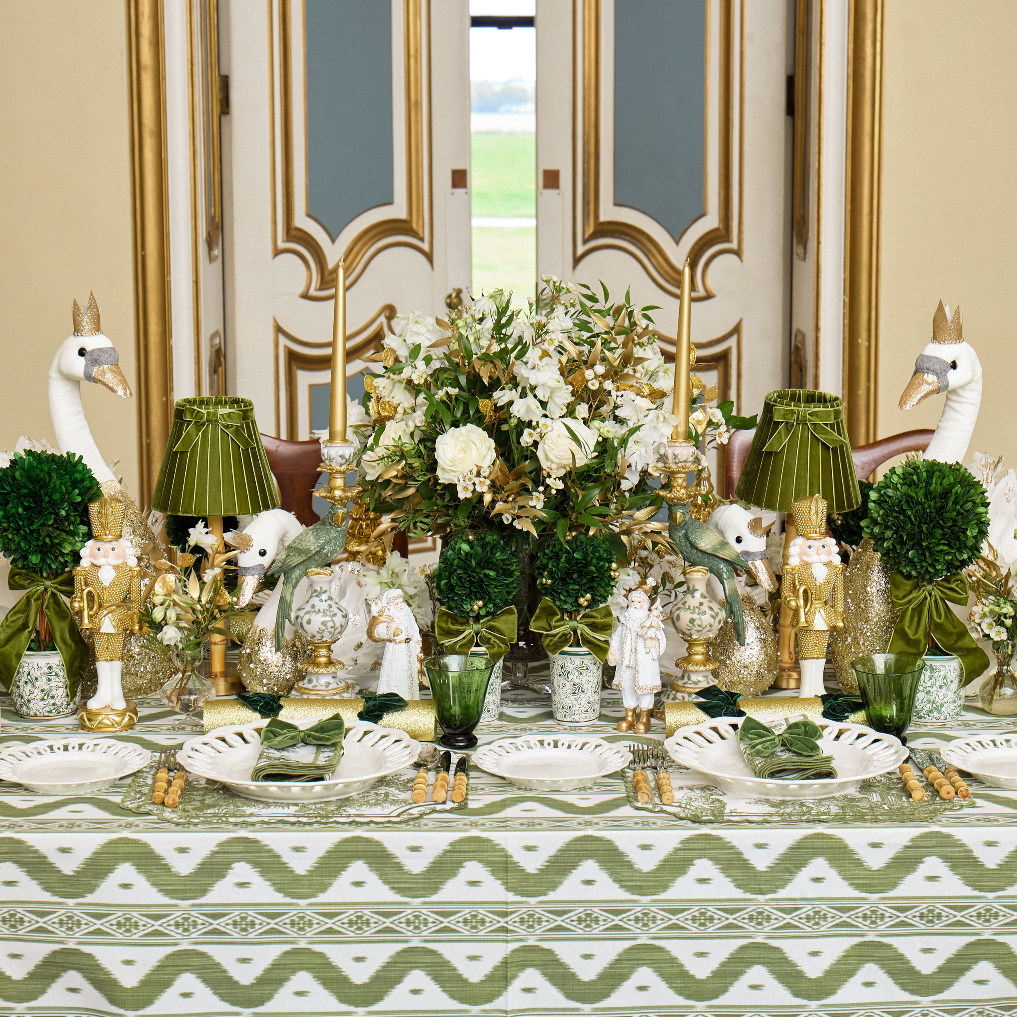 Green Ribboned Chinoiserie Potted Boxwood Balls with Gold Berries (Pair)
