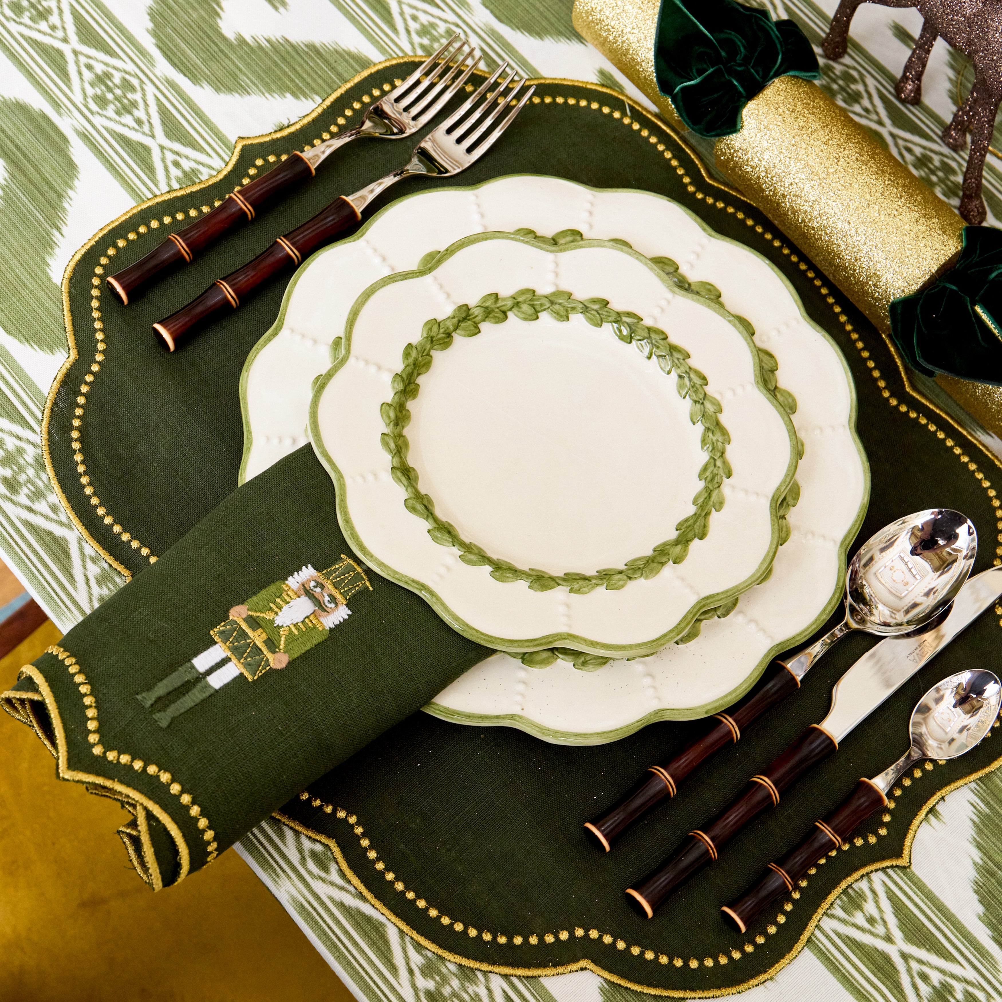 Forest Green Eloise Nutcracker Embroidered Linen Napkins (Set of 4)