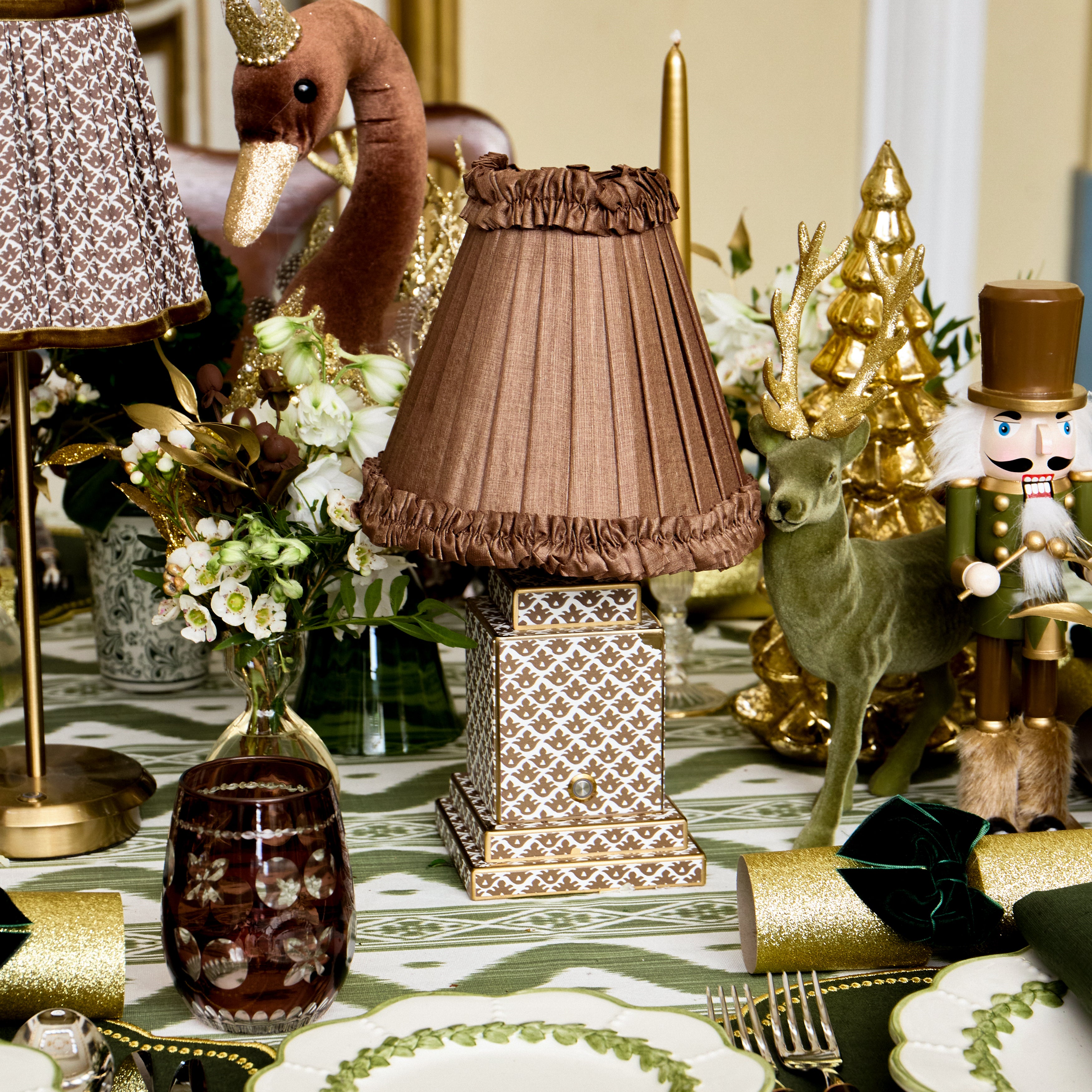 Chocolate Lotus Square Rechargeable Lamp with Brown Frilled Silk Shade (18cm)