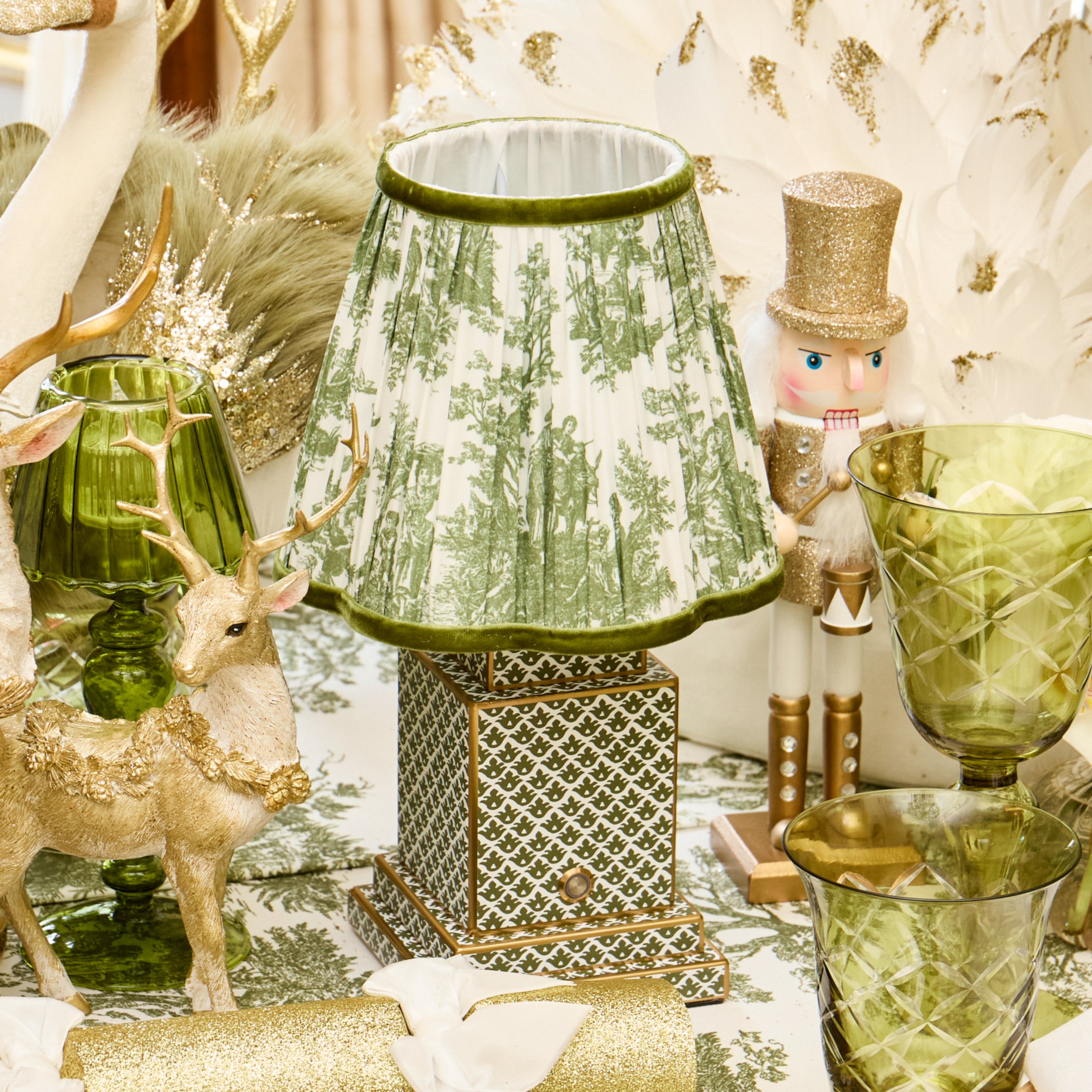 Olive Lotus Square Rechargeable Lamp with Olive Toile Shade (18cm)