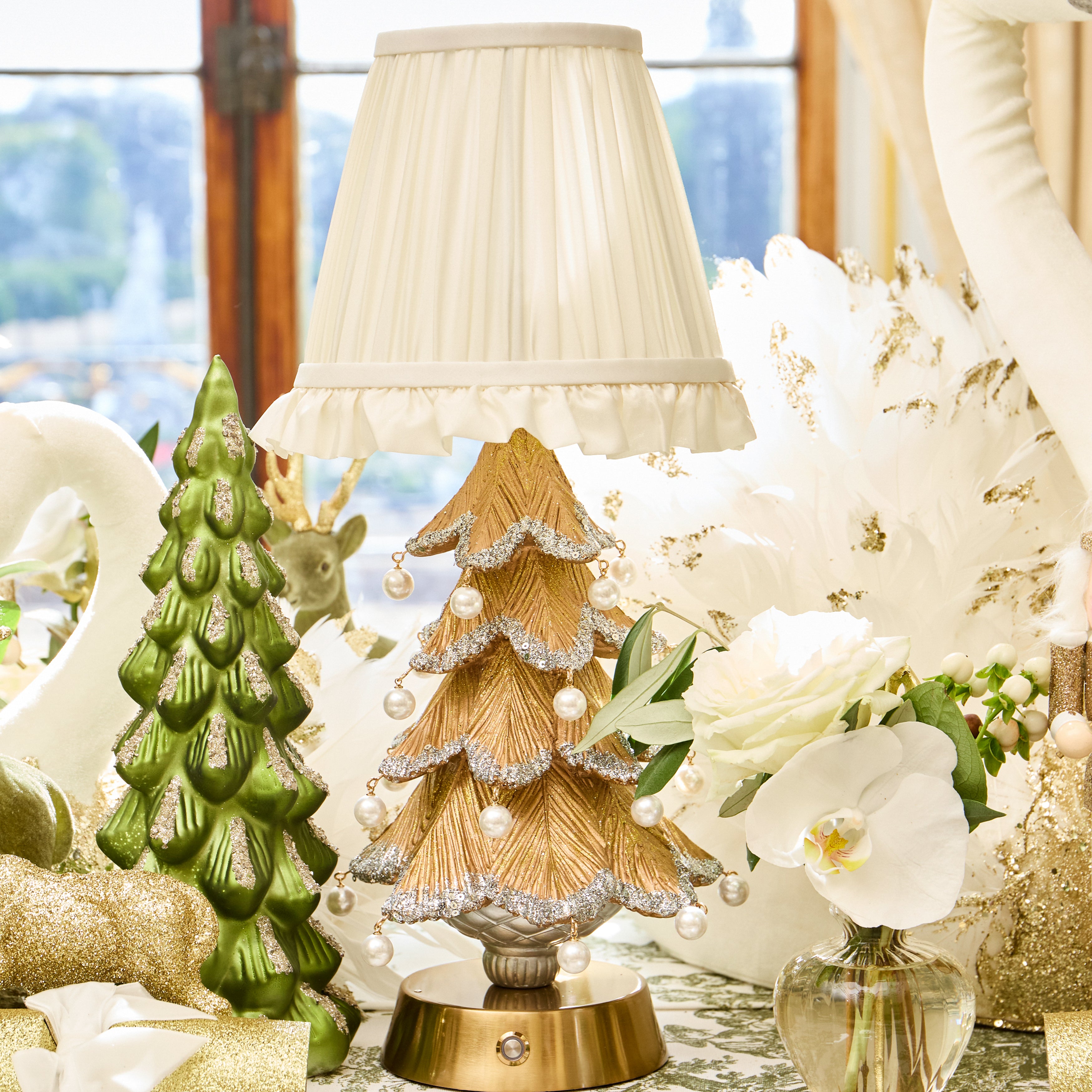 Gold Pearl Tree Rechargeable Lamp with Cream Ruffle Shade (18cm)