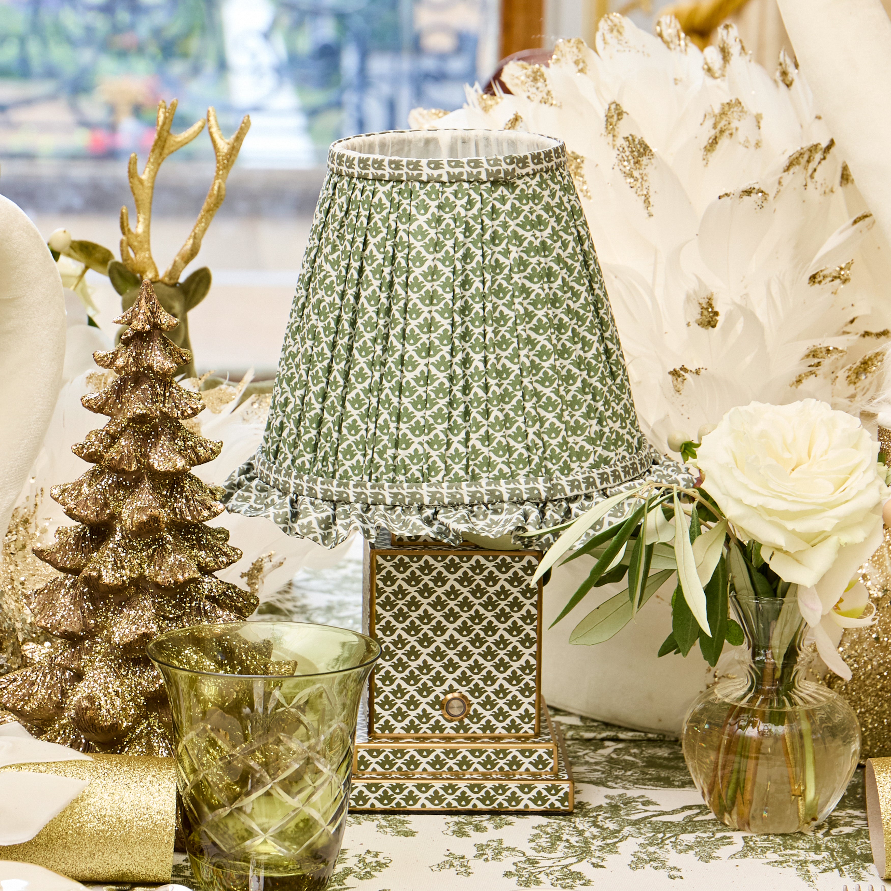 Olive Lotus Square Rechargeable Lamp with Olive Lotus Ruffle Shade (18cm)