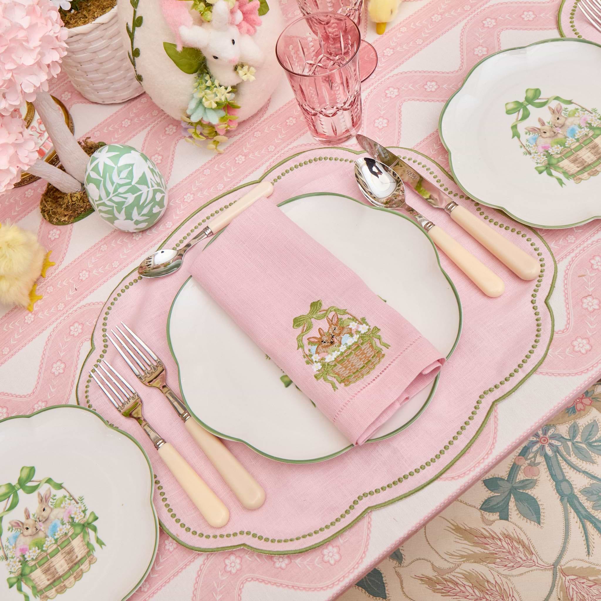 Pink & Green Eloise Linen Placemats & Bunnies in Basket Napkins (Set of 4)