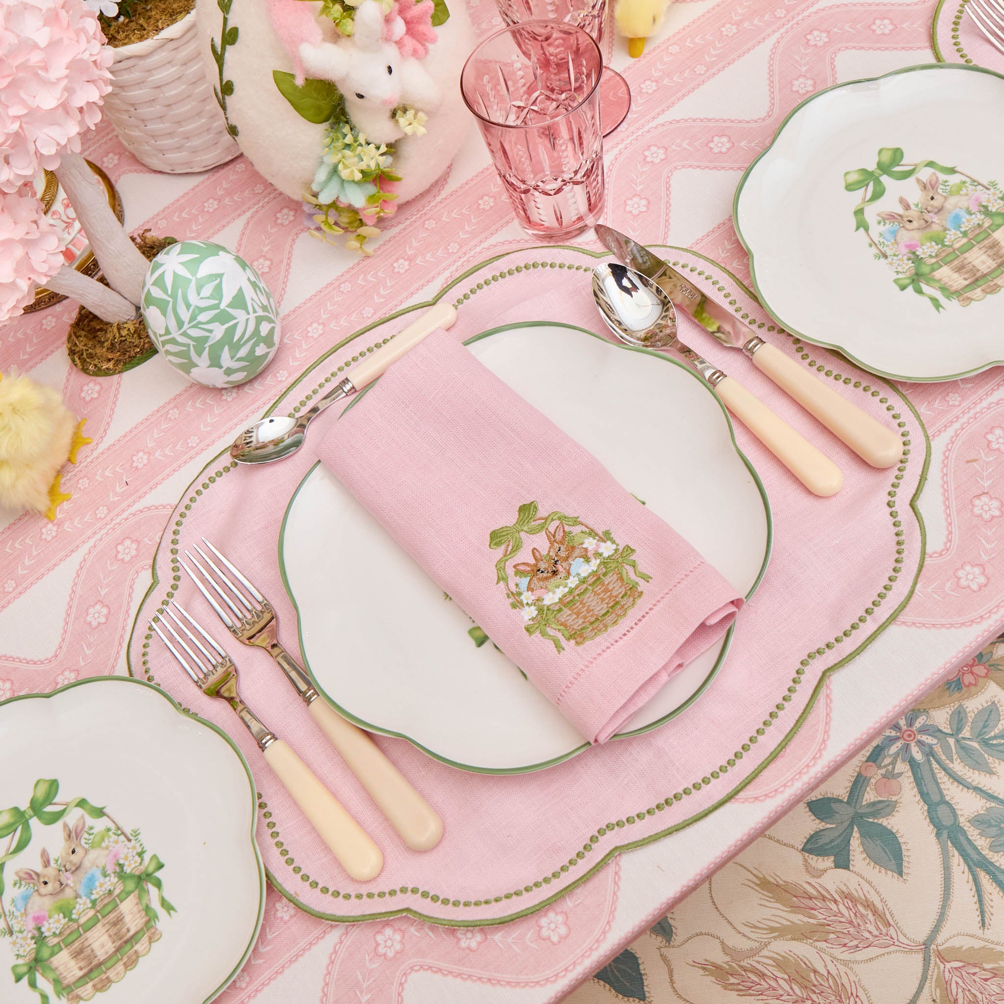 Pink & Green Eloise Linen Placemats & Bunnies in Basket Napkins (Set of 4)
