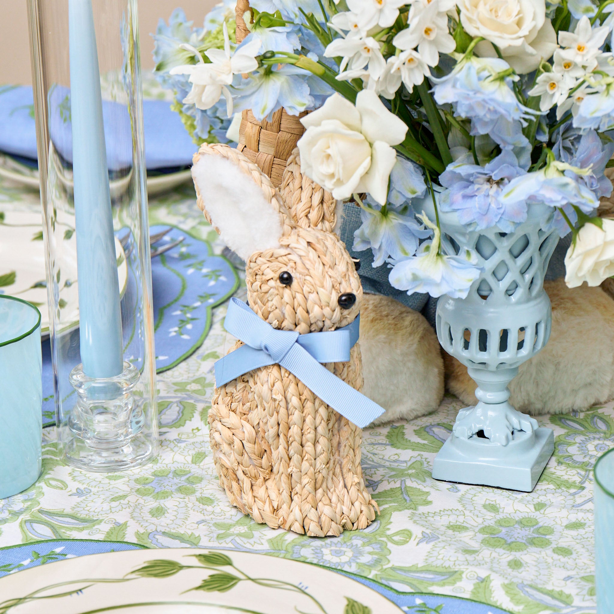 Blue Ribboned Raffia Rabbit (Pair)