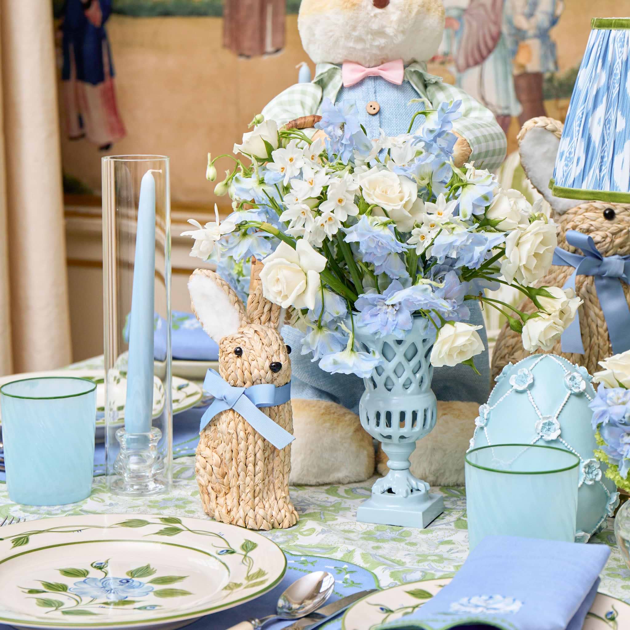 Blue Ribboned Raffia Rabbit (Pair)