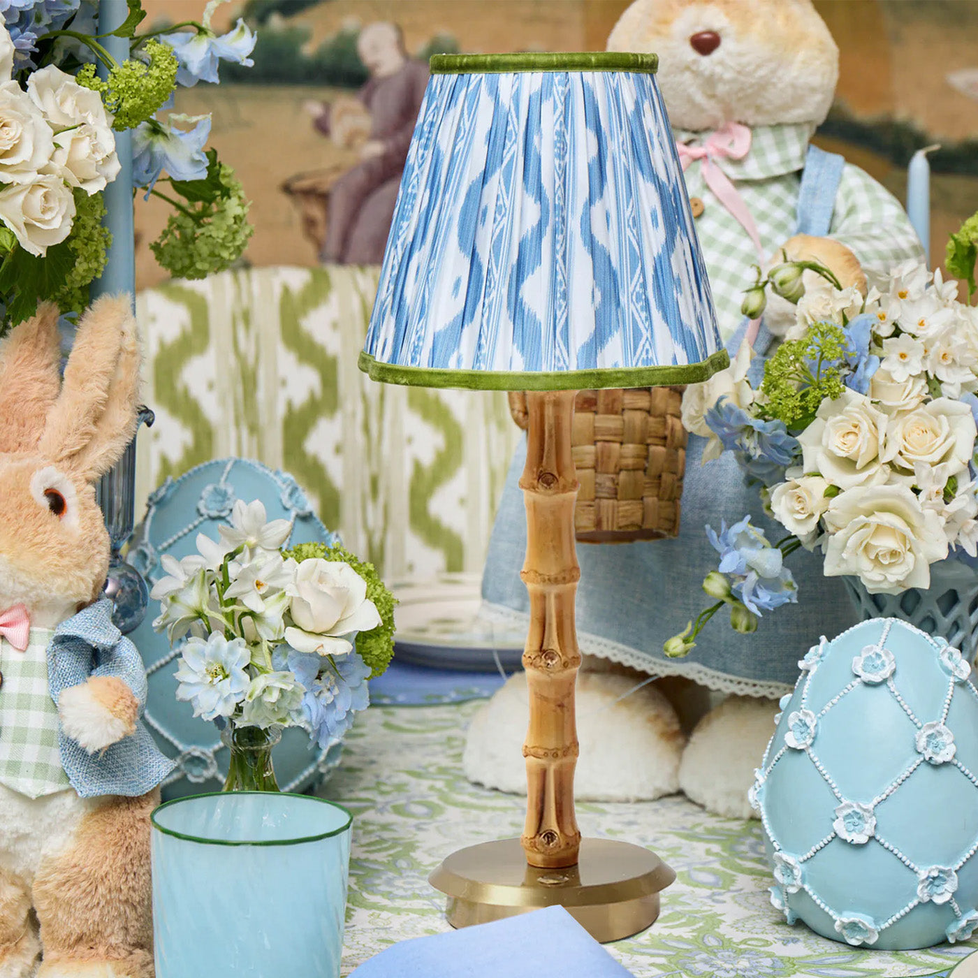 Bamboo Rechargeable Lamp with Blue & Green Ikat Shade (18cm)