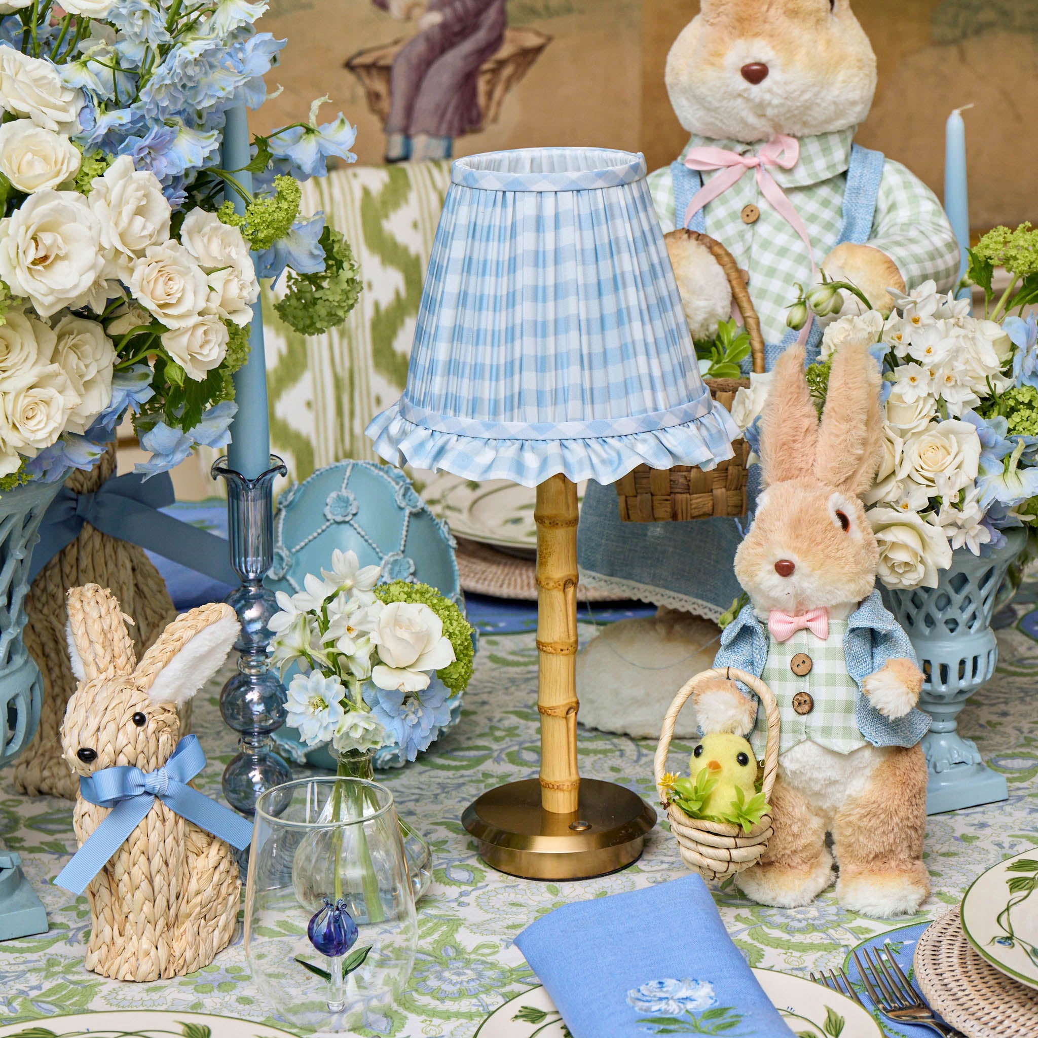 Bamboo Rechargeable Lamp with Blue Gingham Ruffle Shade (18cm)