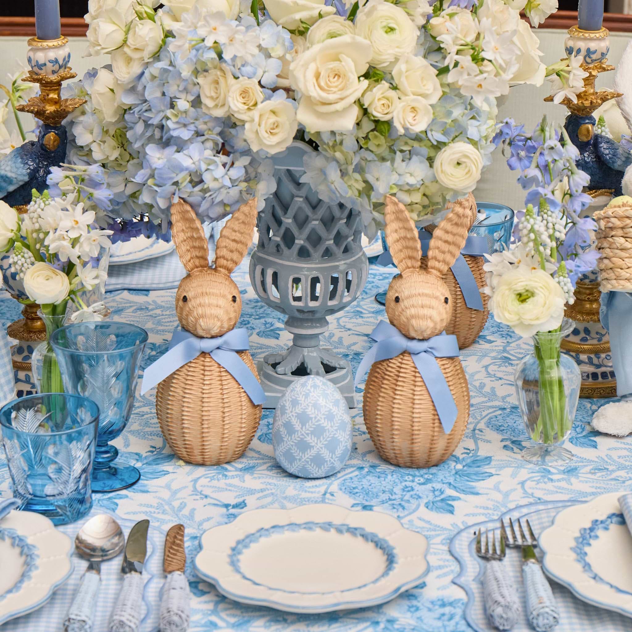 Rattan Bunny with Blue Bow (Pair)