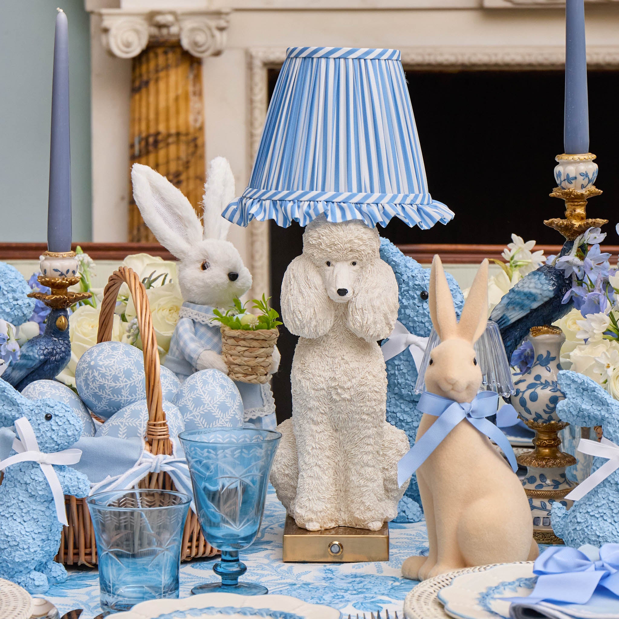 Fifi Poodle Rechargeable Lamp with Blue Striped Ruffle Shade (18cm)