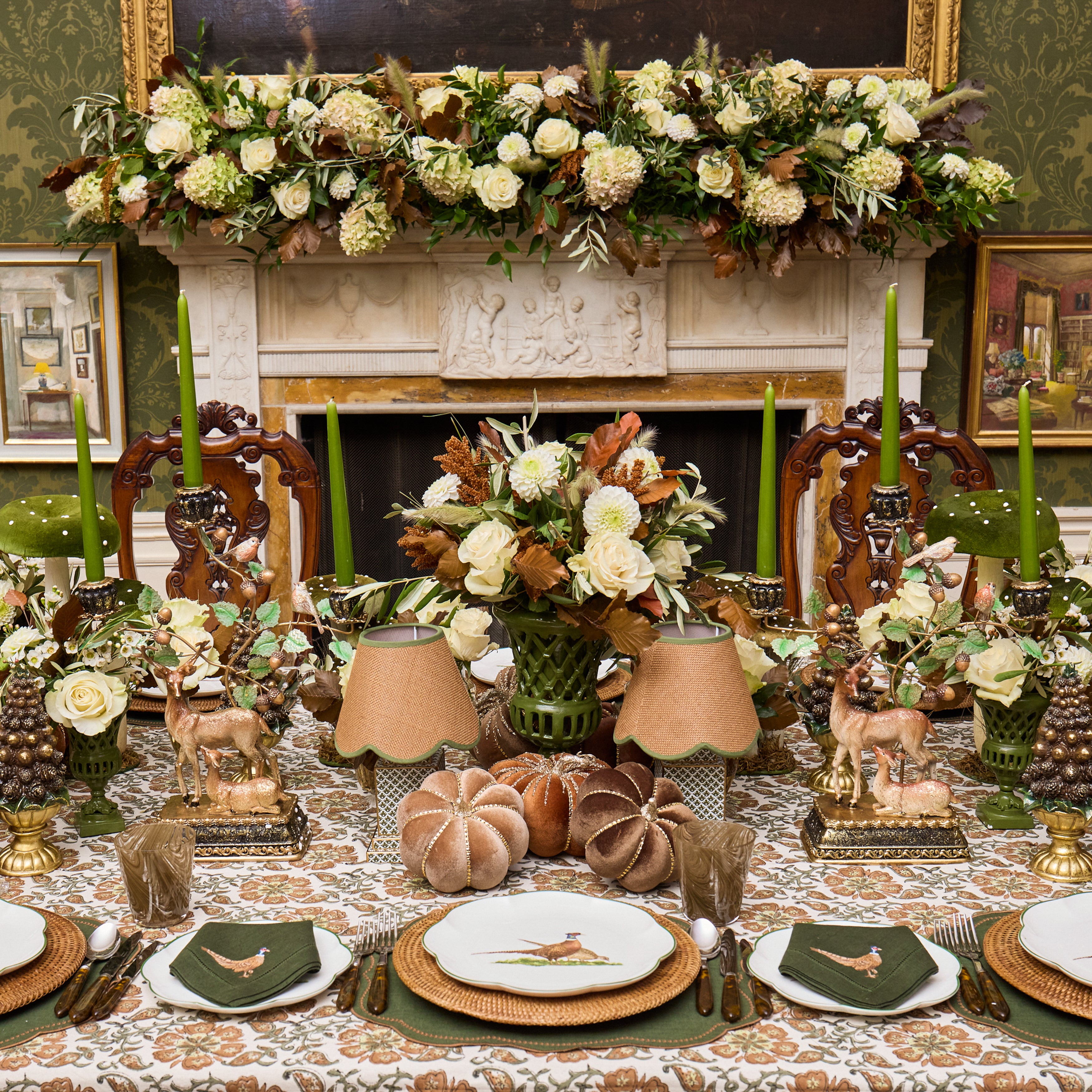 Forest Green & Chocolate Eloise Placemats & Pheasant Embroidered Napkins (Set of 8)