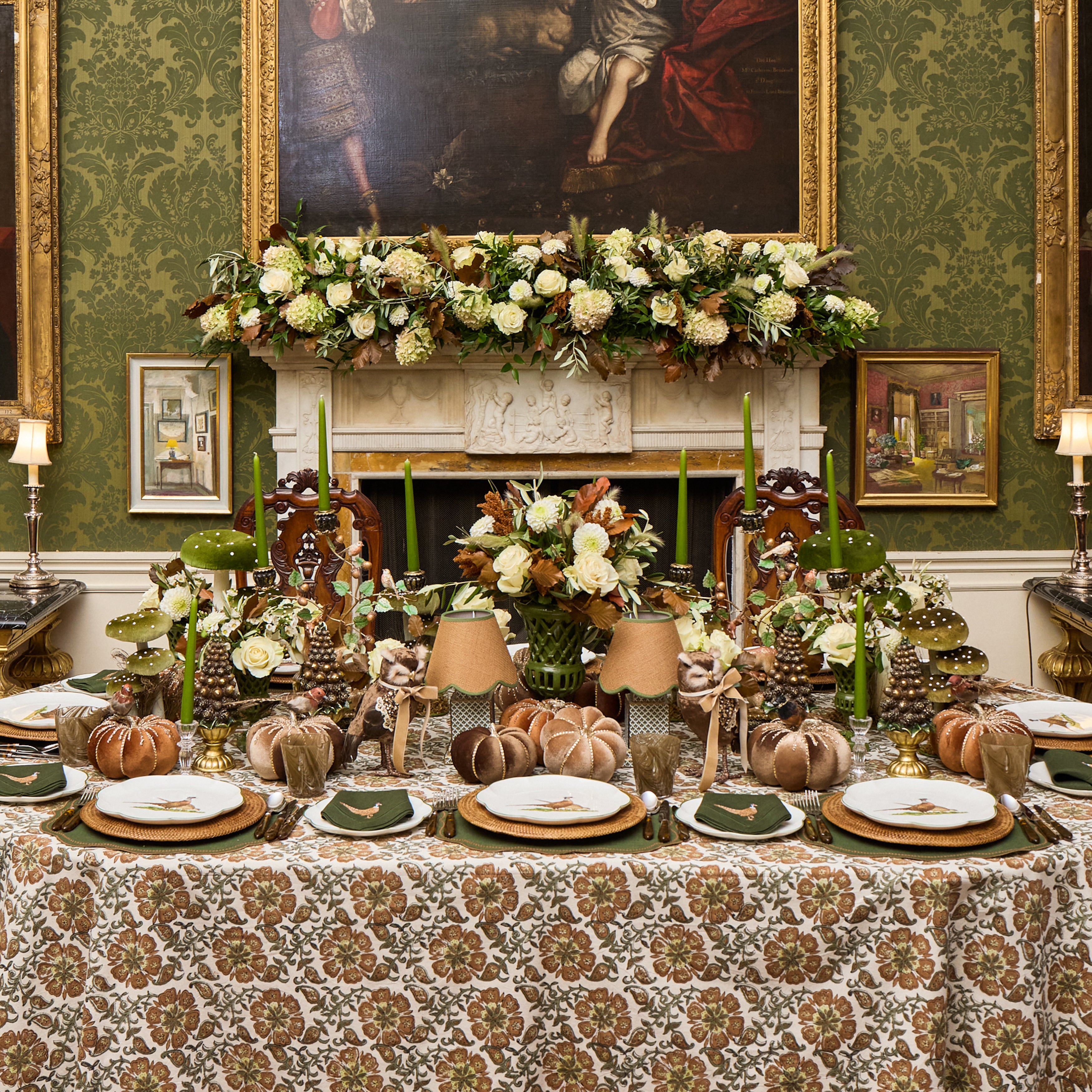 Forest Green & Chocolate Eloise Placemats & Pheasant Embroidered Napkins (Set of 8)