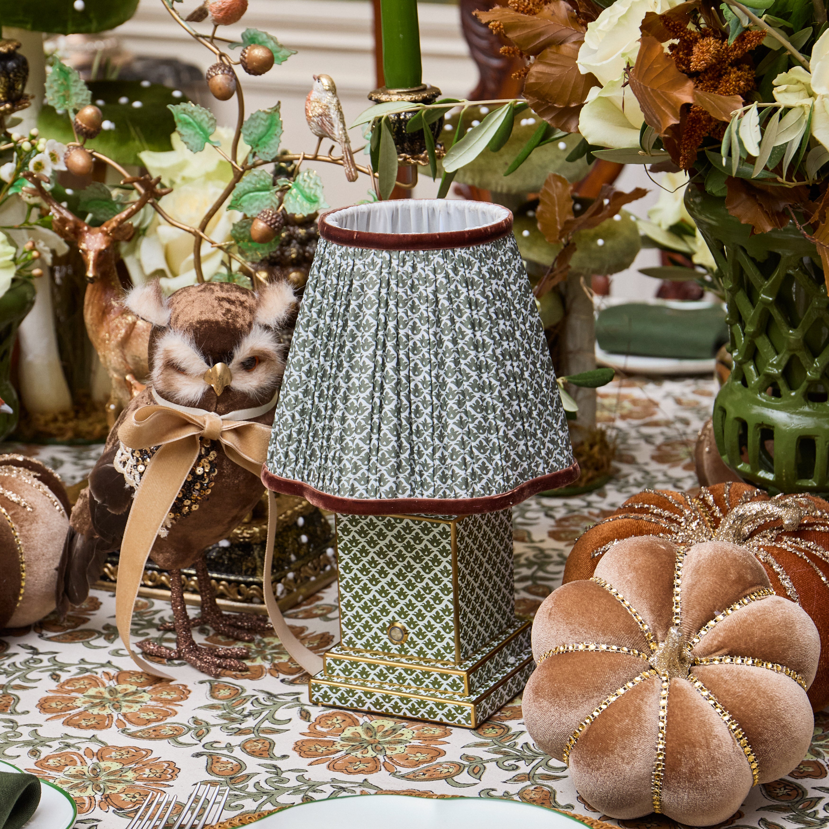 Olive Lotus Square Rechargeable Lamp with Olive & Chocolate Lotus Shade (18cm)