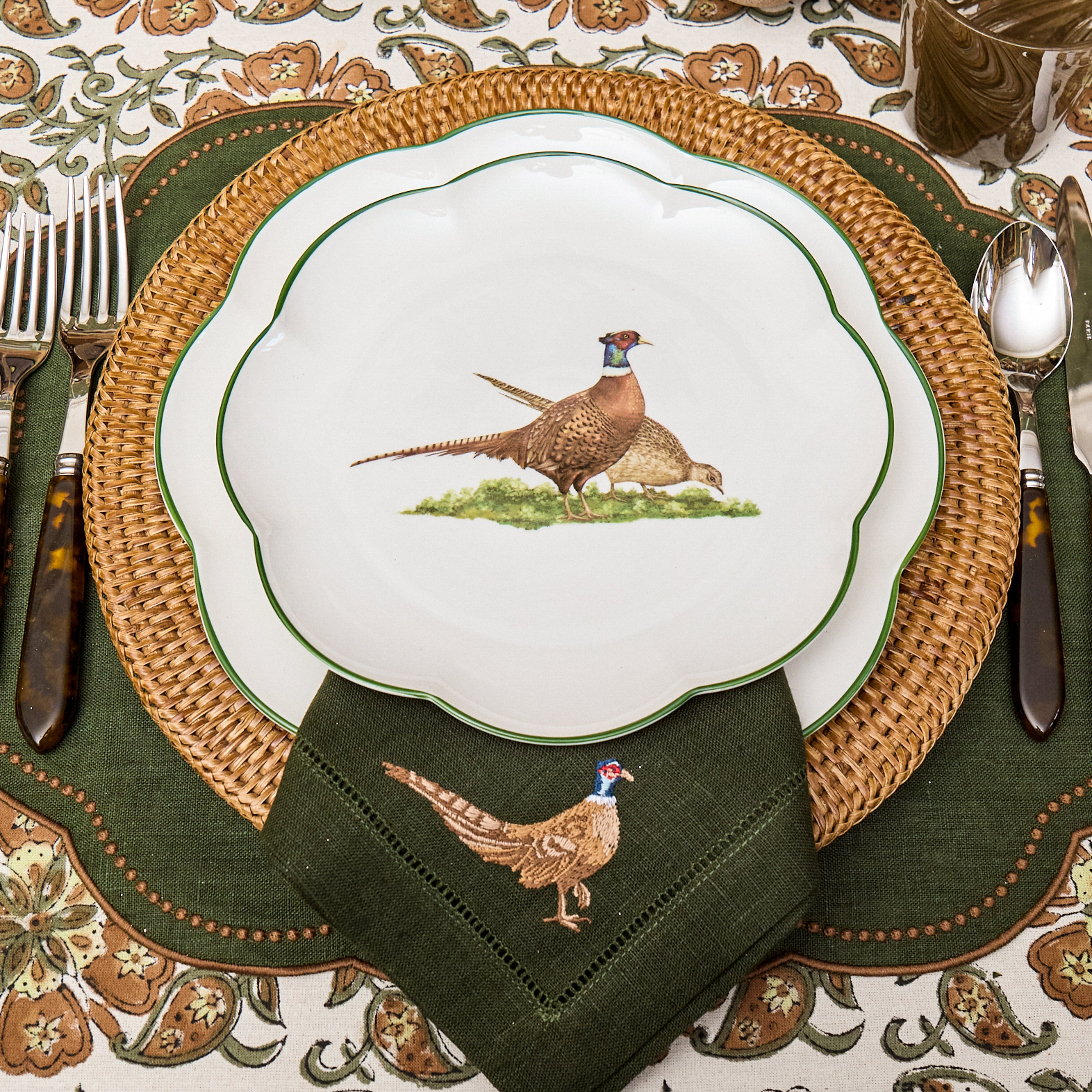 Forest Green & Chocolate Eloise Placemats & Pheasant Embroidered Napkins (Set of 8)