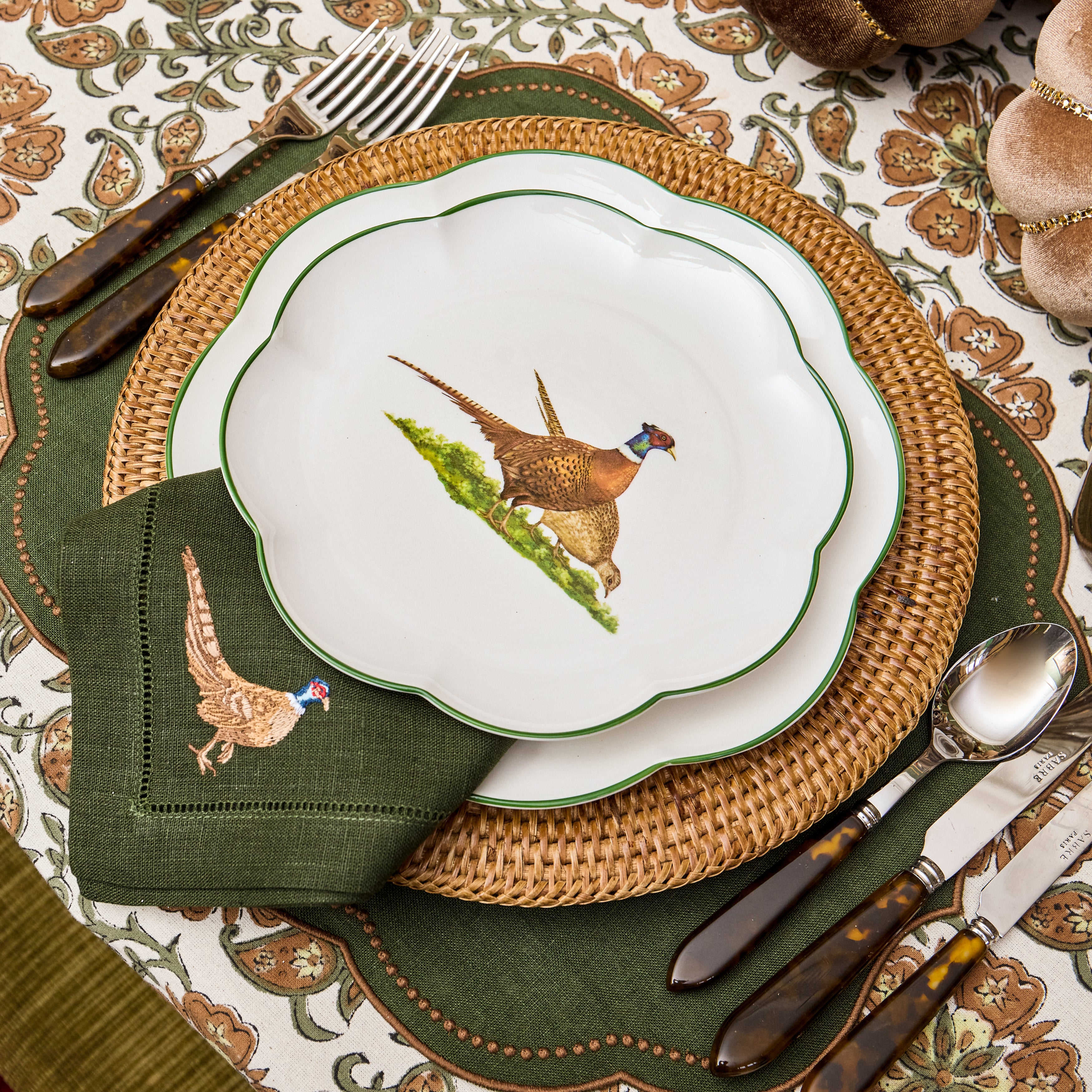 Forest Green & Chocolate Eloise Placemats & Pheasant Embroidered Napkins (Set of 8)