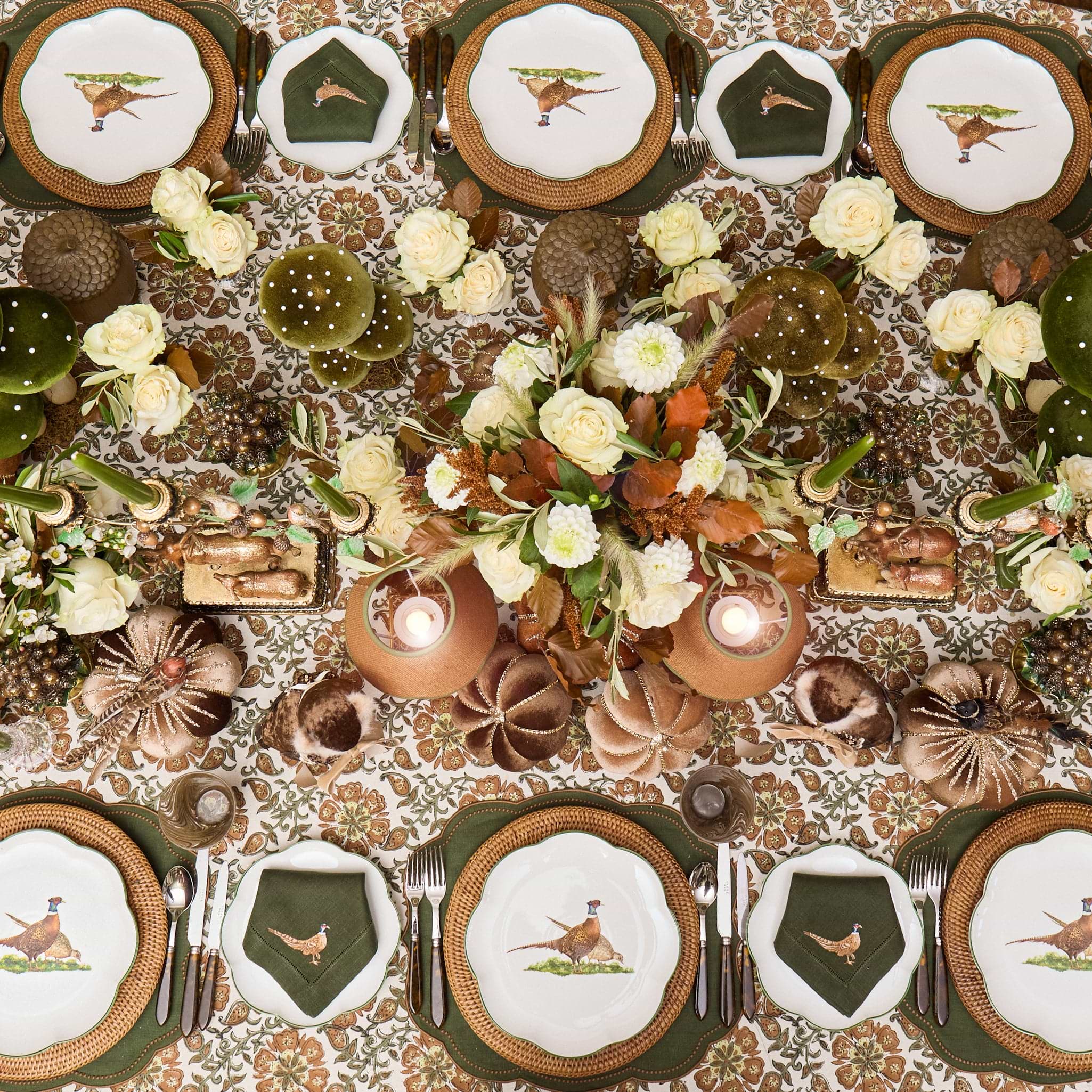 Forest Green & Chocolate Eloise Placemats & Pheasant Embroidered Napkins (Set of 8)