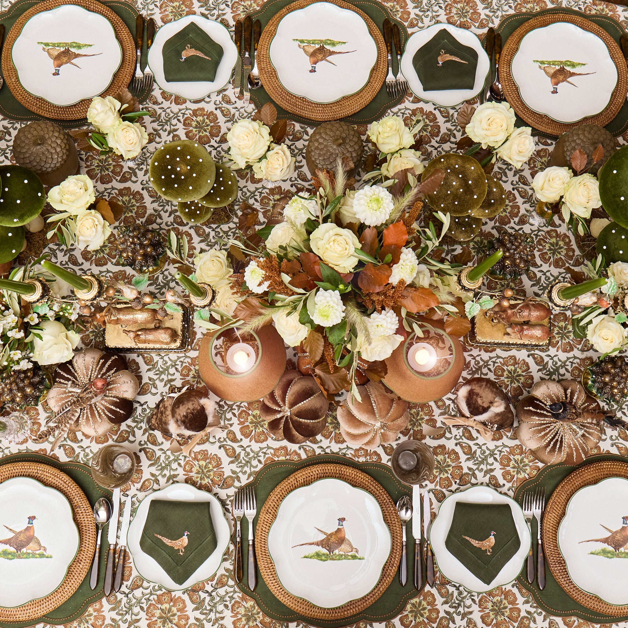 Forest Green & Chocolate Eloise Placemats & Pheasant Embroidered Napkins (Set of 8)