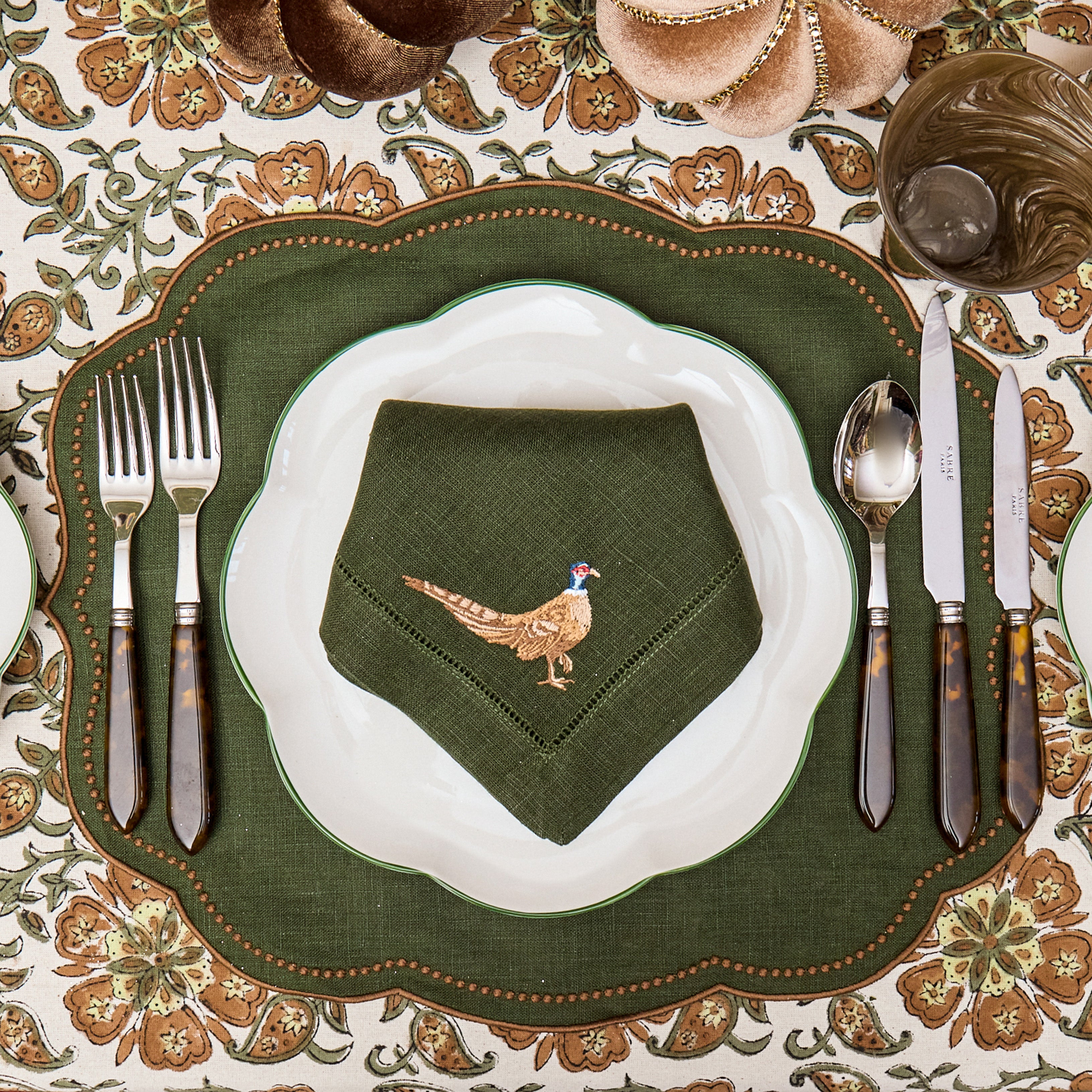 Forest Green Pheasant Linen Napkins (Set of 4)