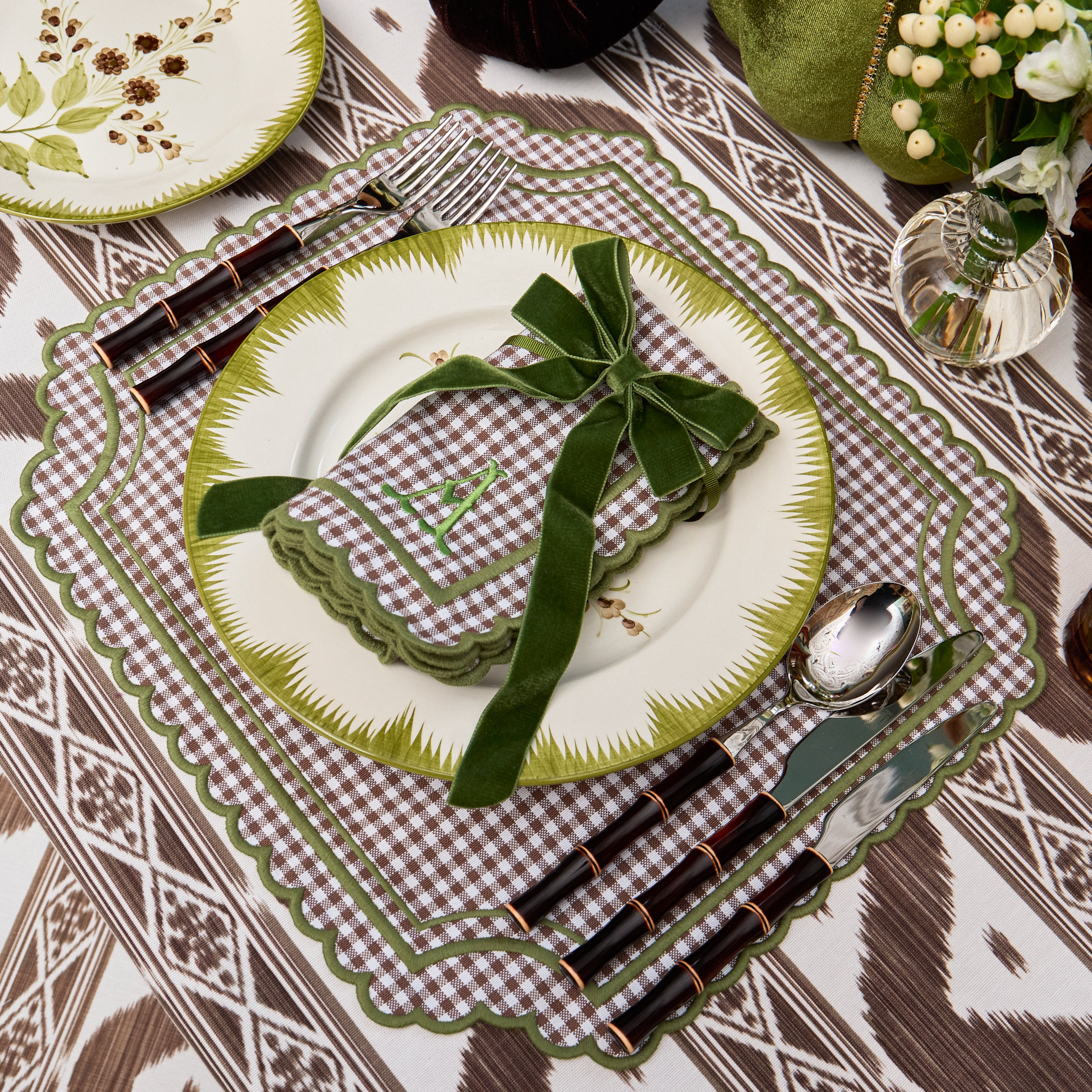Chocolate & Green Louisa Gingham Placemats & Napkins (Set of 8)