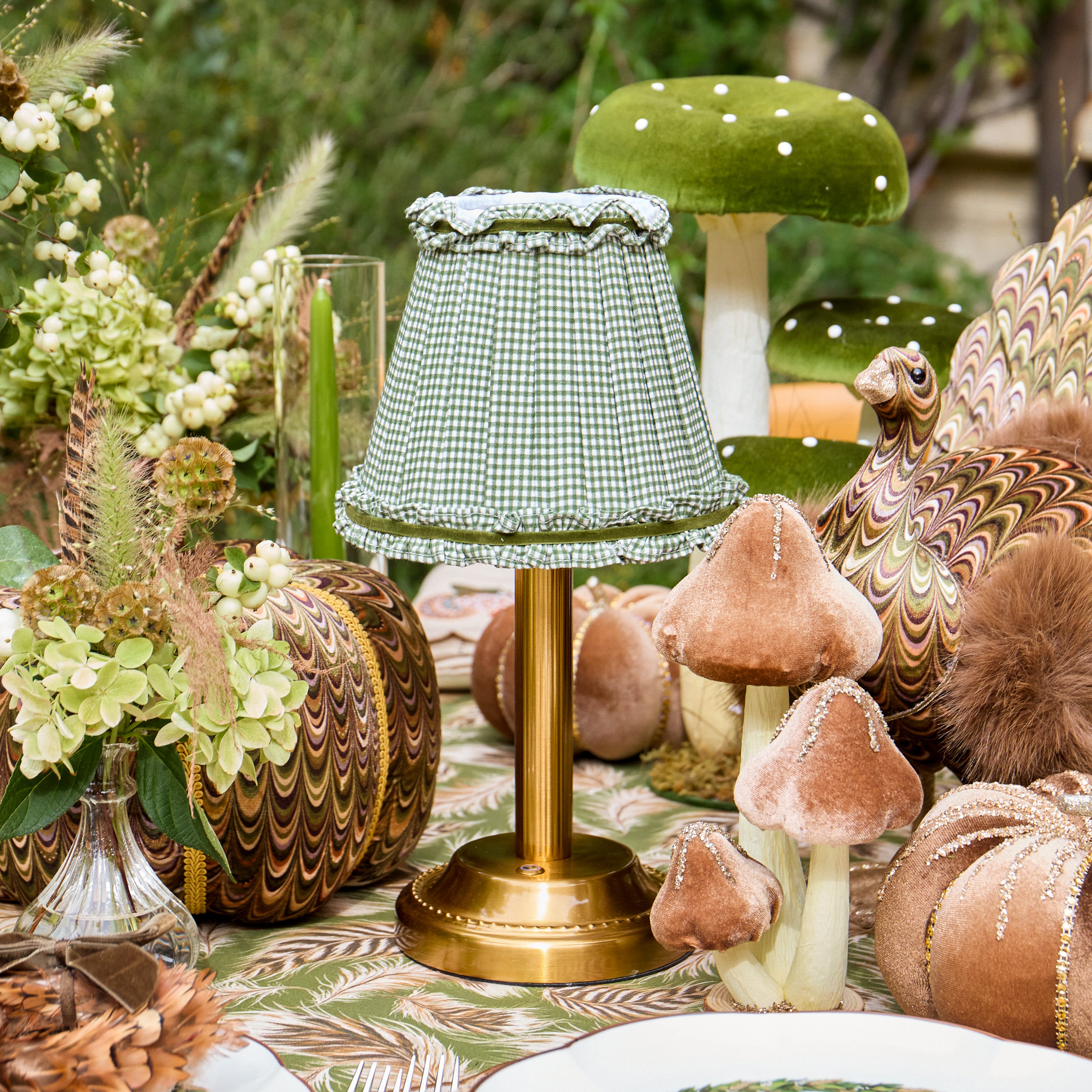 Corinthian Rechargeable Lamp with Green Gingham Frilled Shade (18cm)