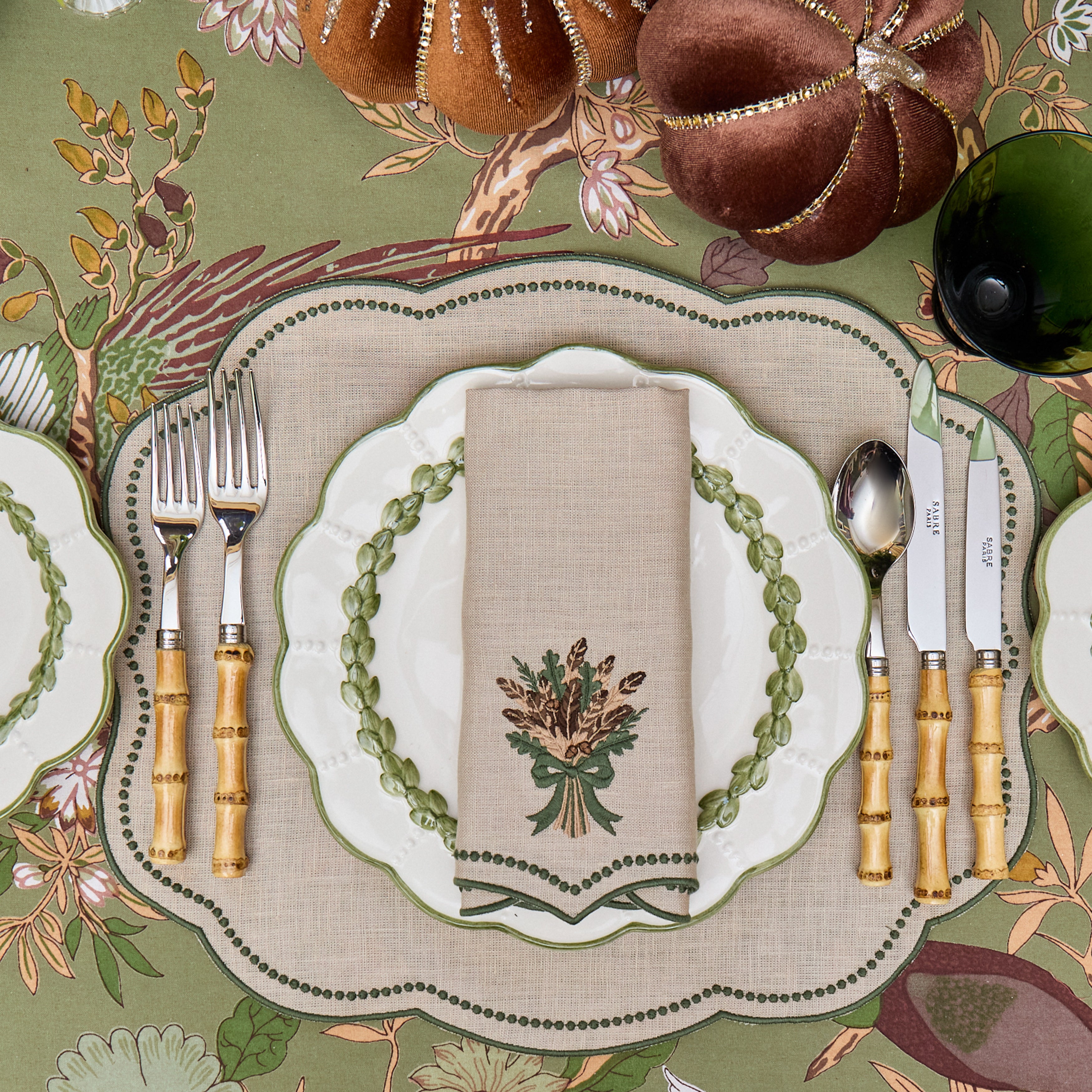 Taupe & Green Eloise Linen Placemats (Set of 4)
