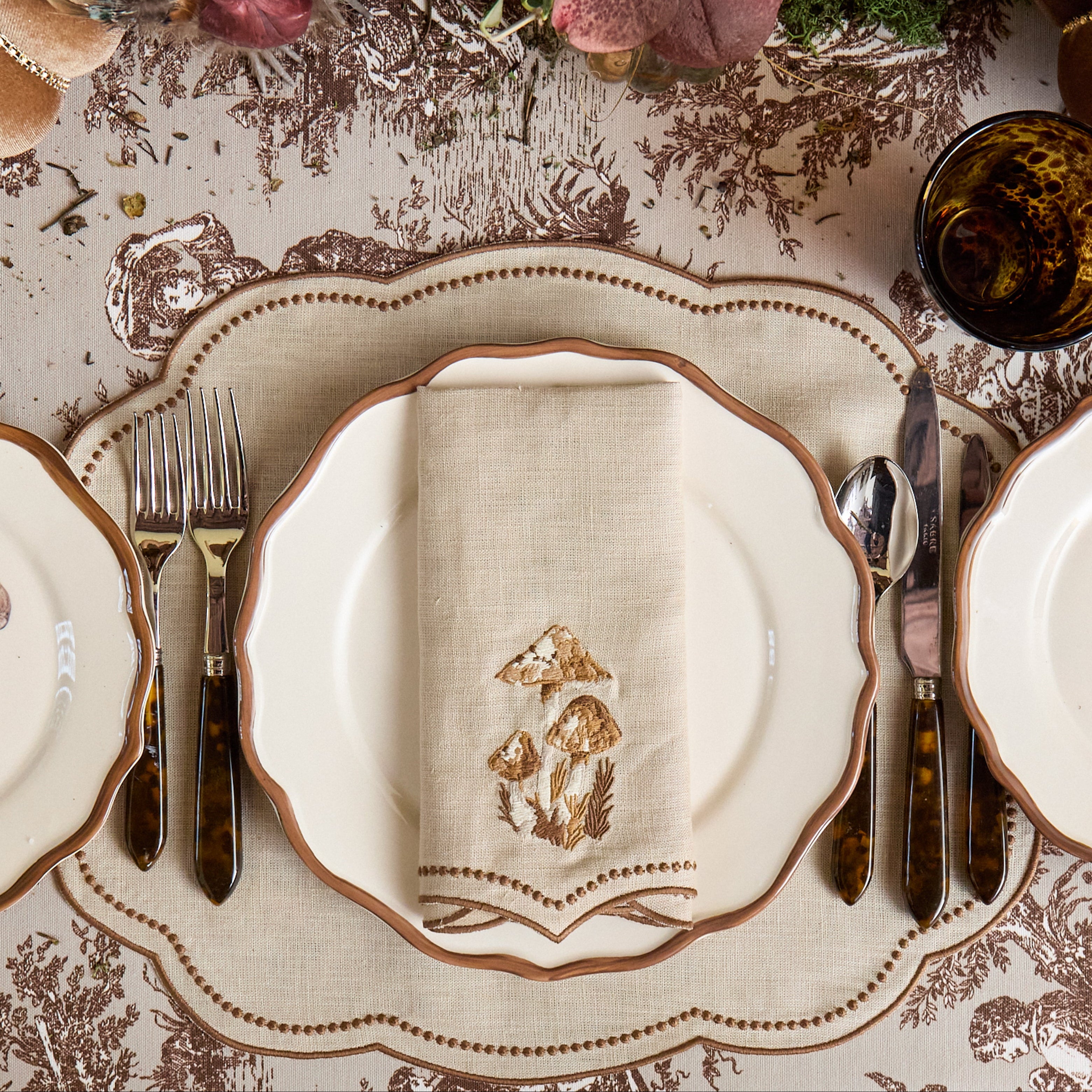 Taupe & Chocolate Mushroom Embroidered Linen Napkins (Set of 4)