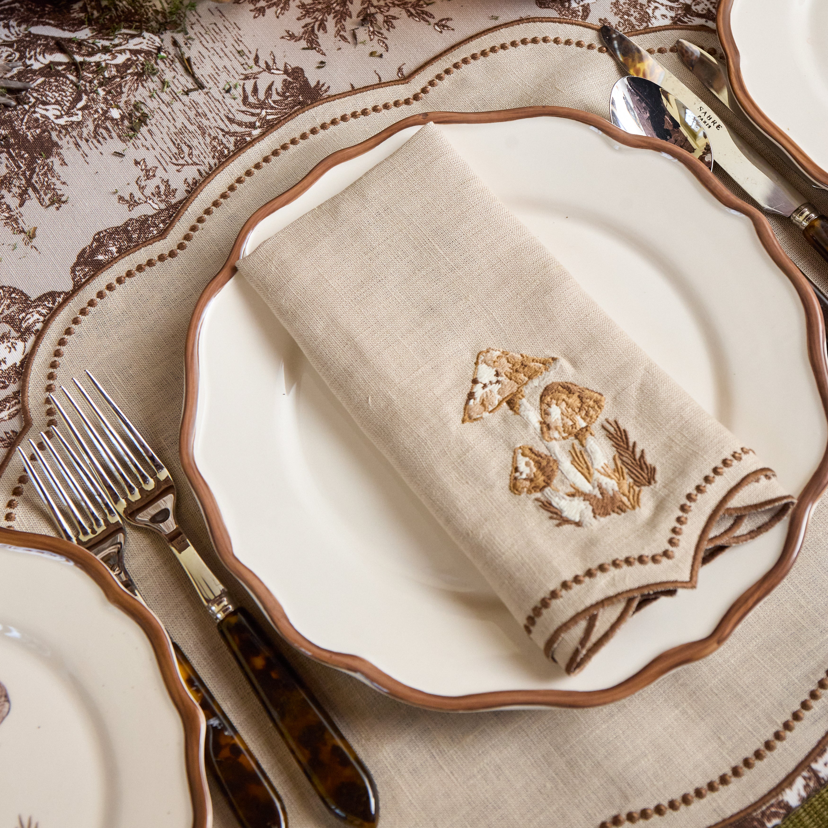 Taupe & Chocolate Eloise Placemats & Mushroom Embroidered Napkins (Set of 8)